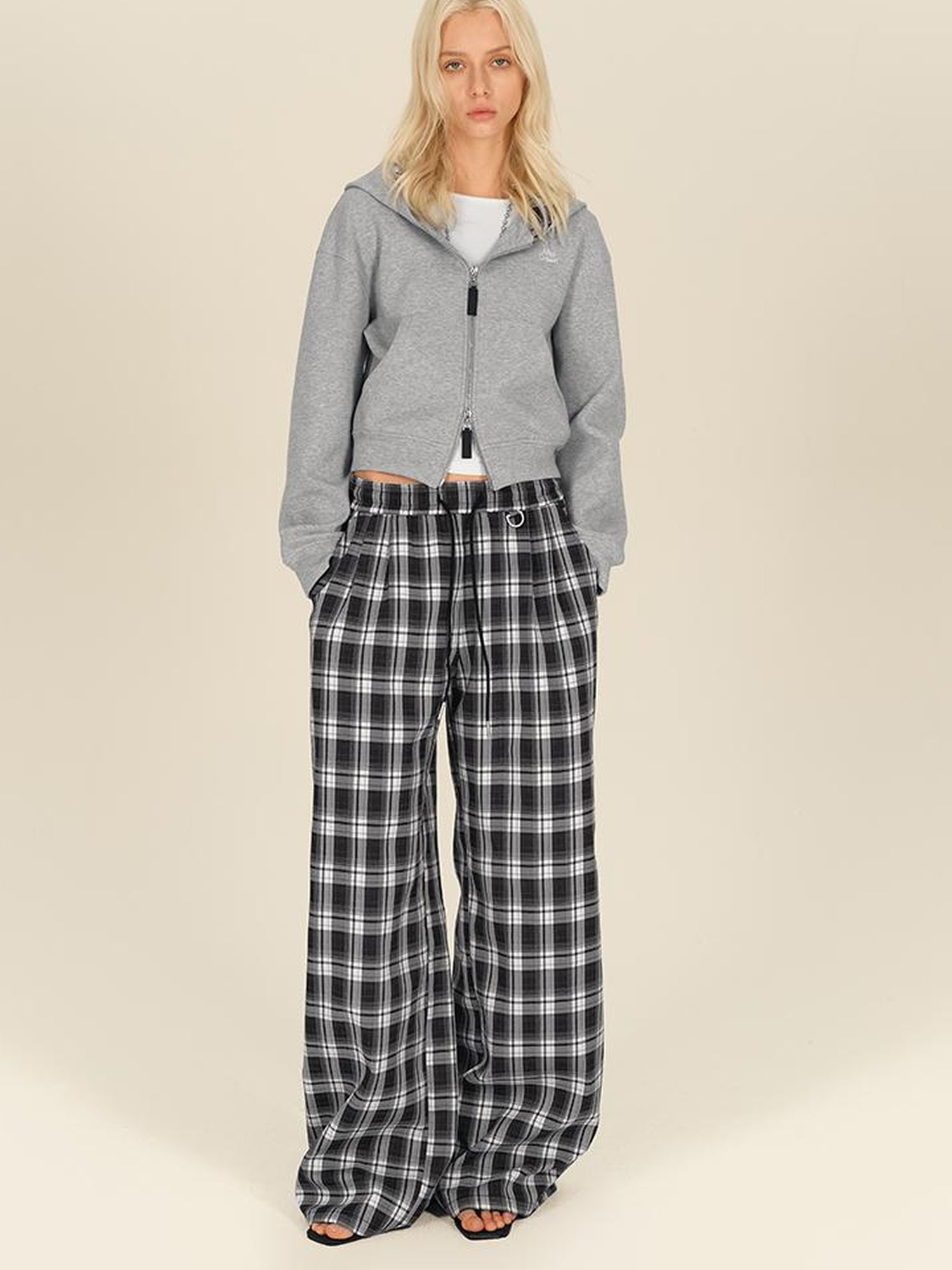 AFTADAWN Double Zip Hooded Plaid Trim Cotton Blend Sweatshirt