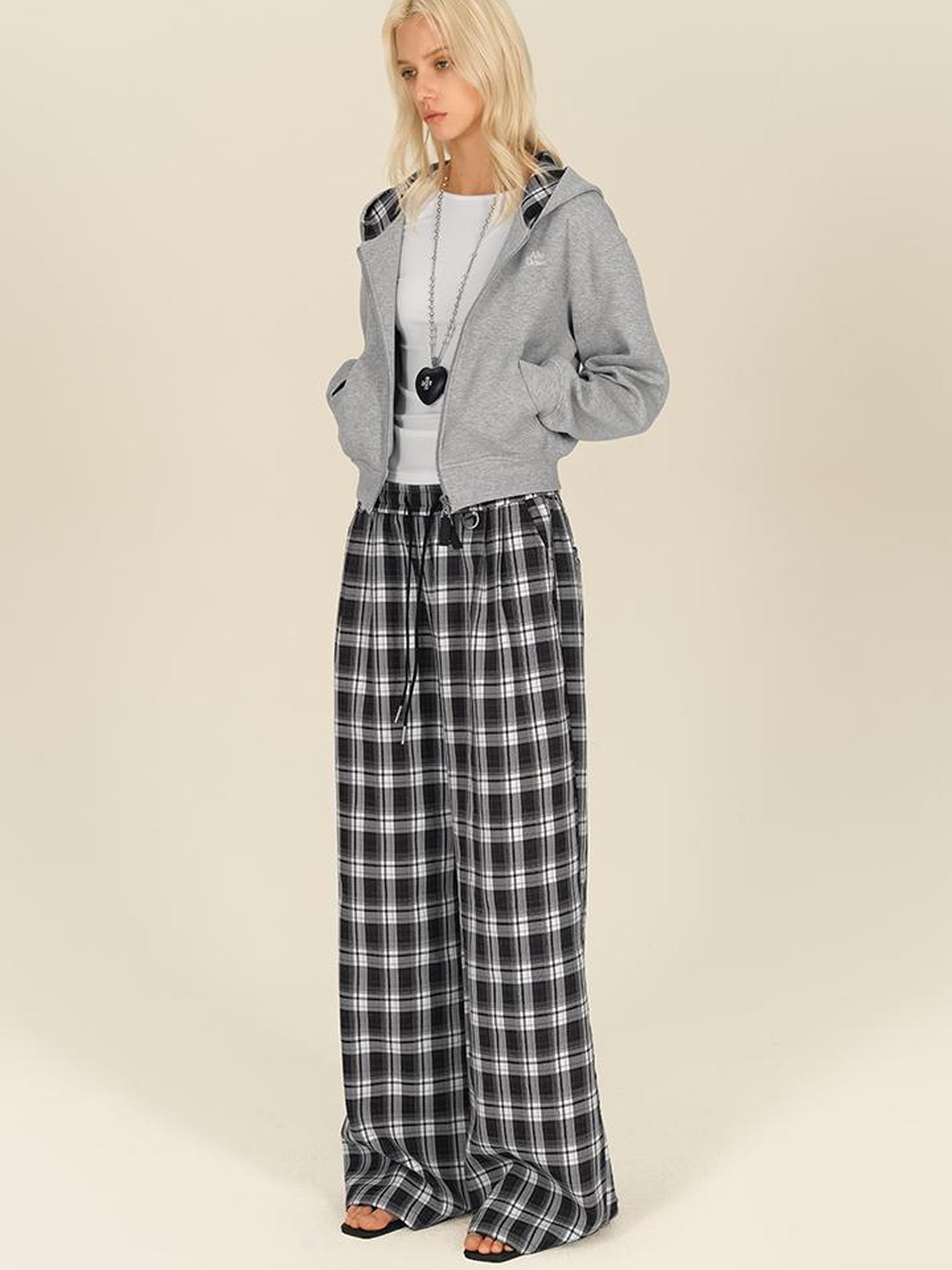 AFTADAWN Double Zip Hooded Plaid Trim Cotton Blend Sweatshirt