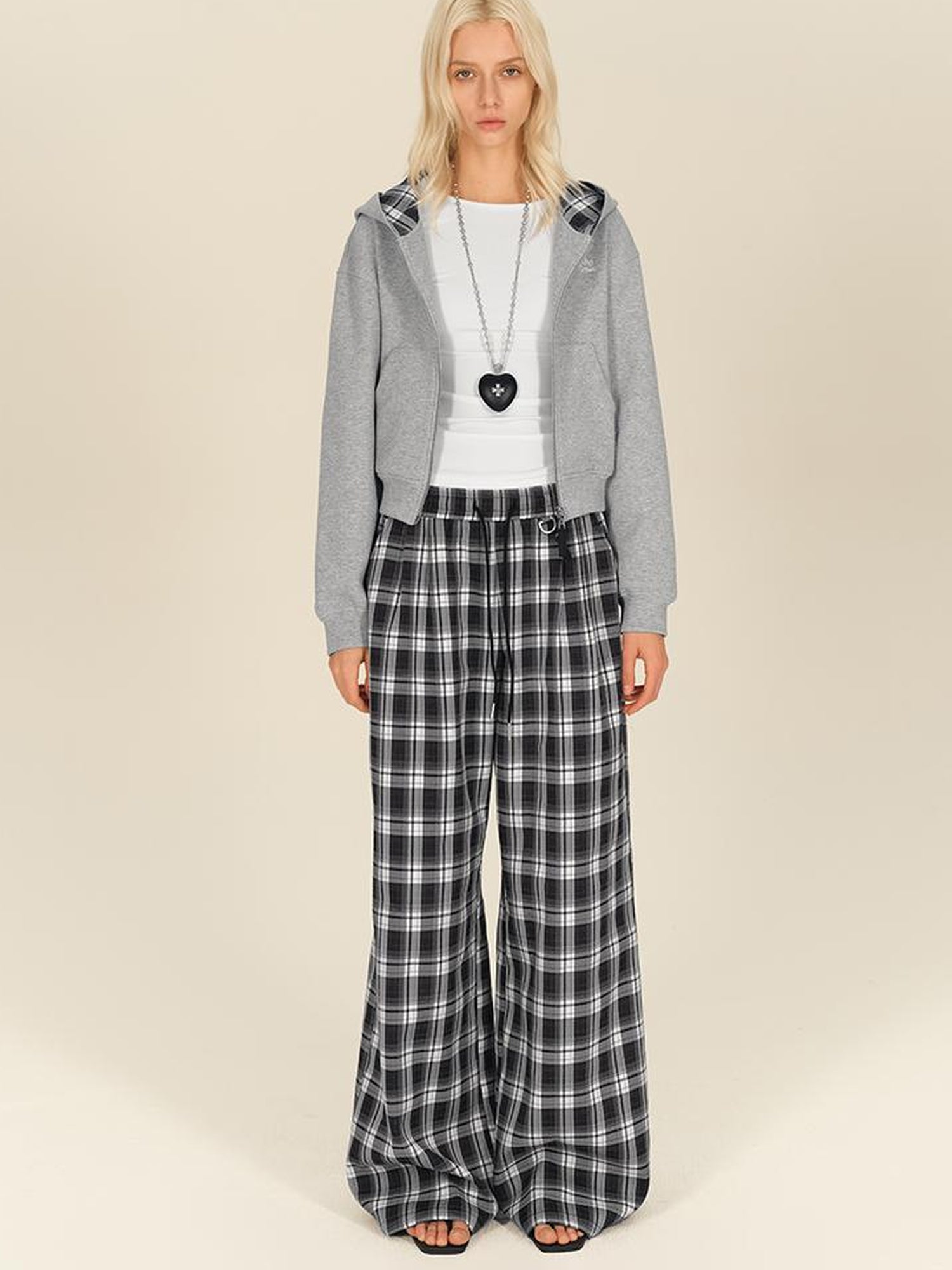 AFTADAWN Double Zip Hooded Plaid Trim Cotton Blend Sweatshirt