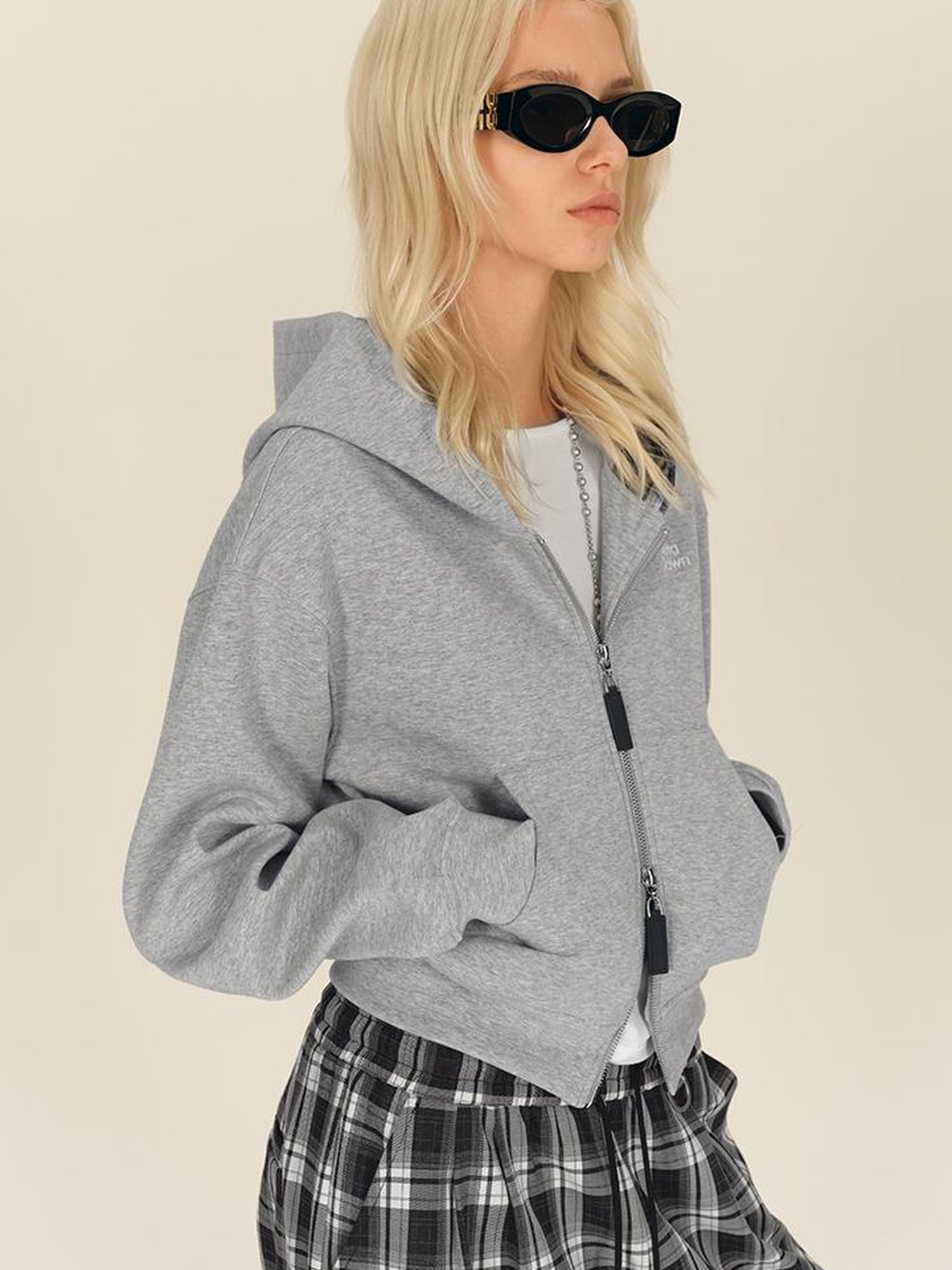 AFTADAWN Double Zip Hooded Plaid Trim Cotton Blend Sweatshirt