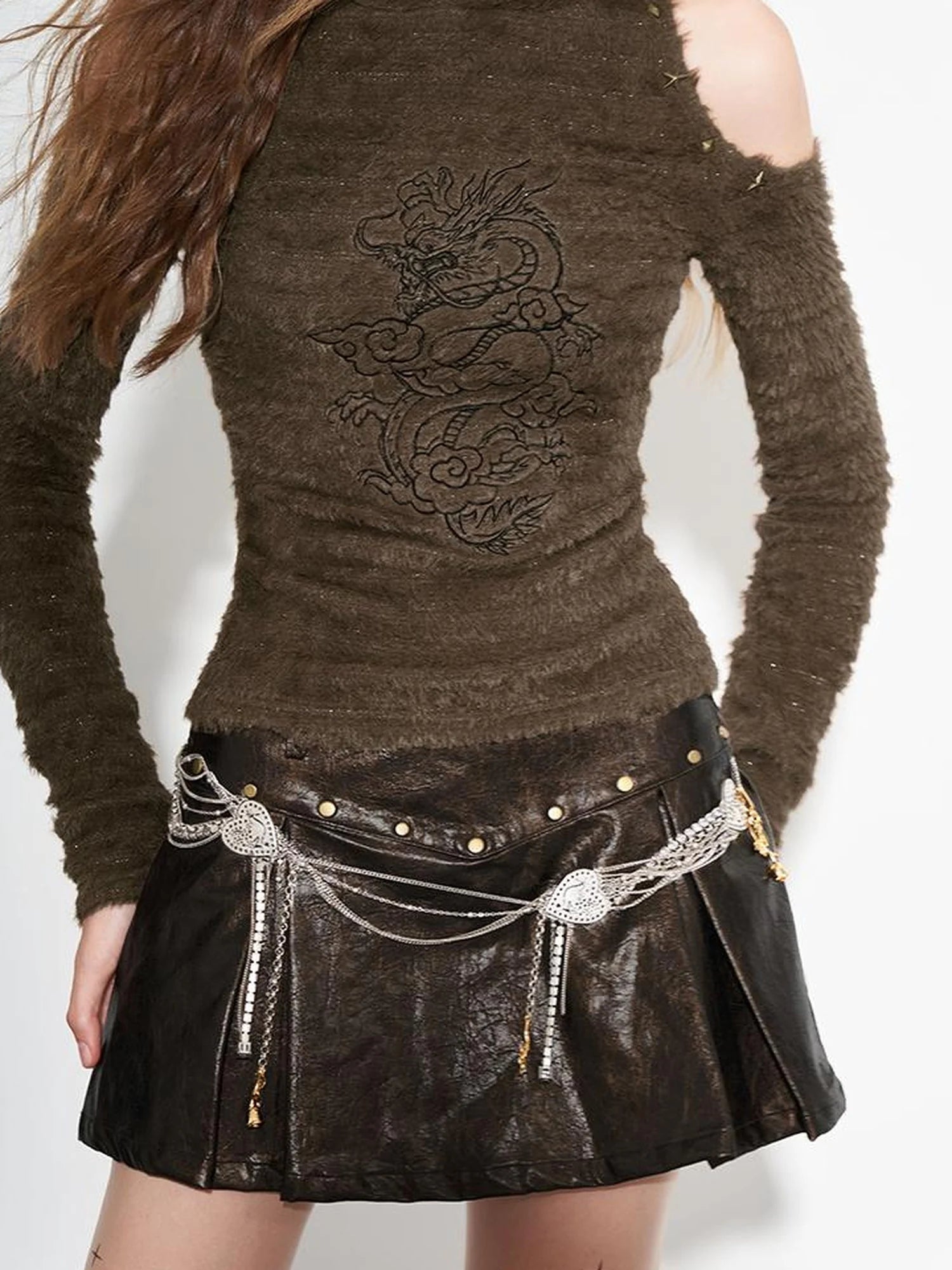Dragon Year Metal Studs Embroidery Glitter Shoulder Cut Hoodie Top