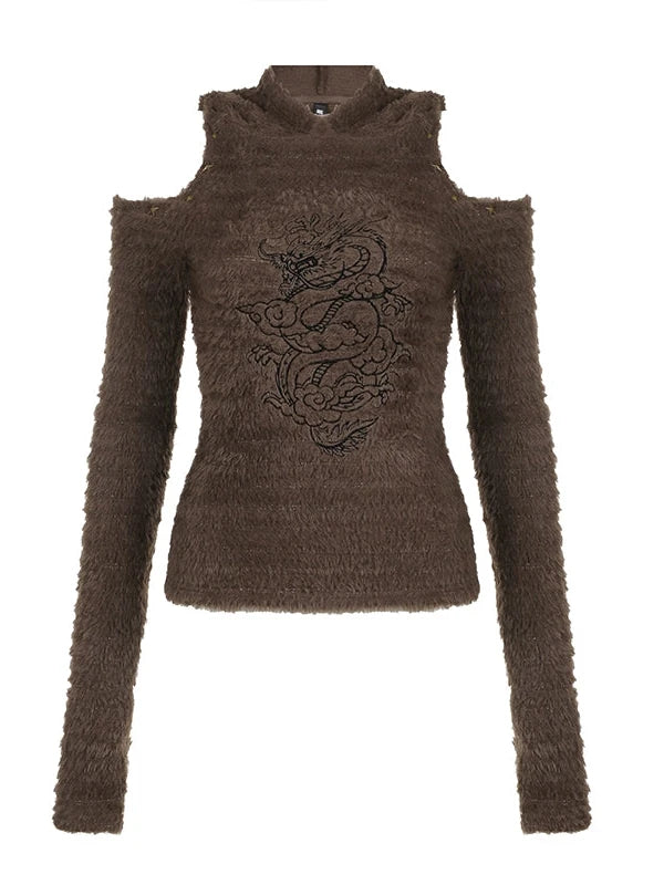 Dragon Year Metal Studs Embroidery Glitter Shoulder Cut Hoodie Top