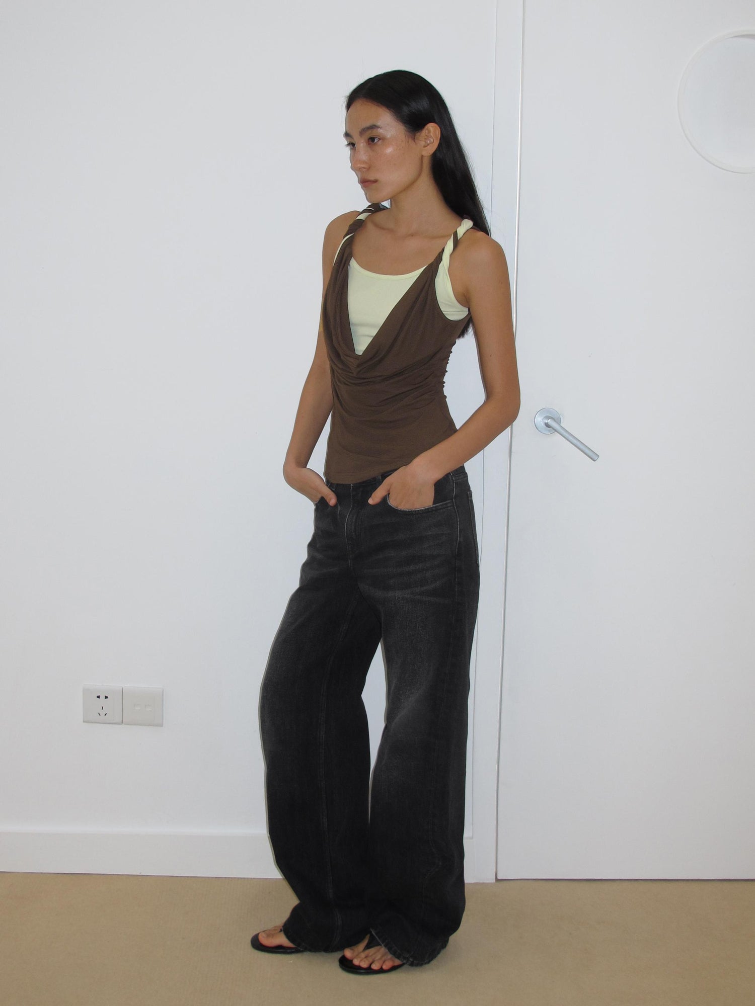 AFTADAWN Draped Mock Neck Knotted Strap Camisole Top