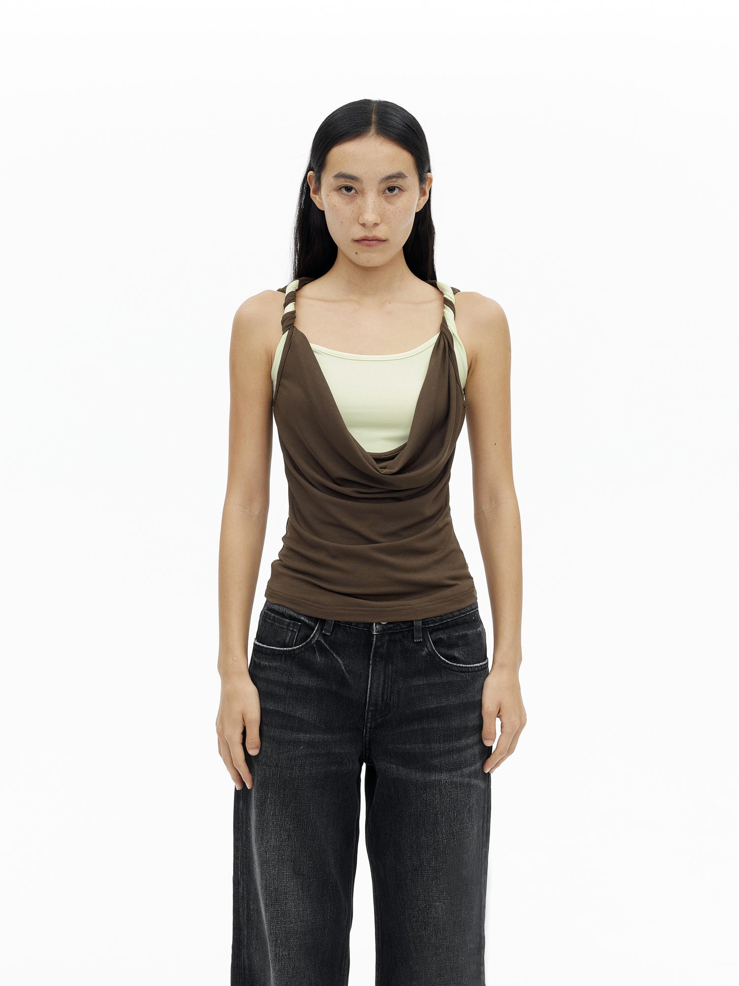 AFTADAWN Draped Mock Neck Knotted Strap Camisole Top