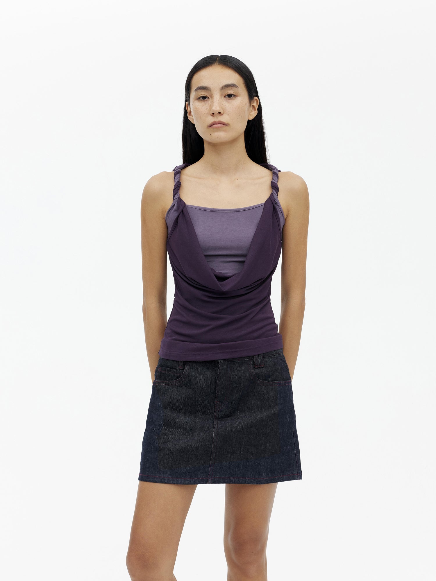 AFTADAWN Draped Mock Neck Knotted Strap Camisole Top