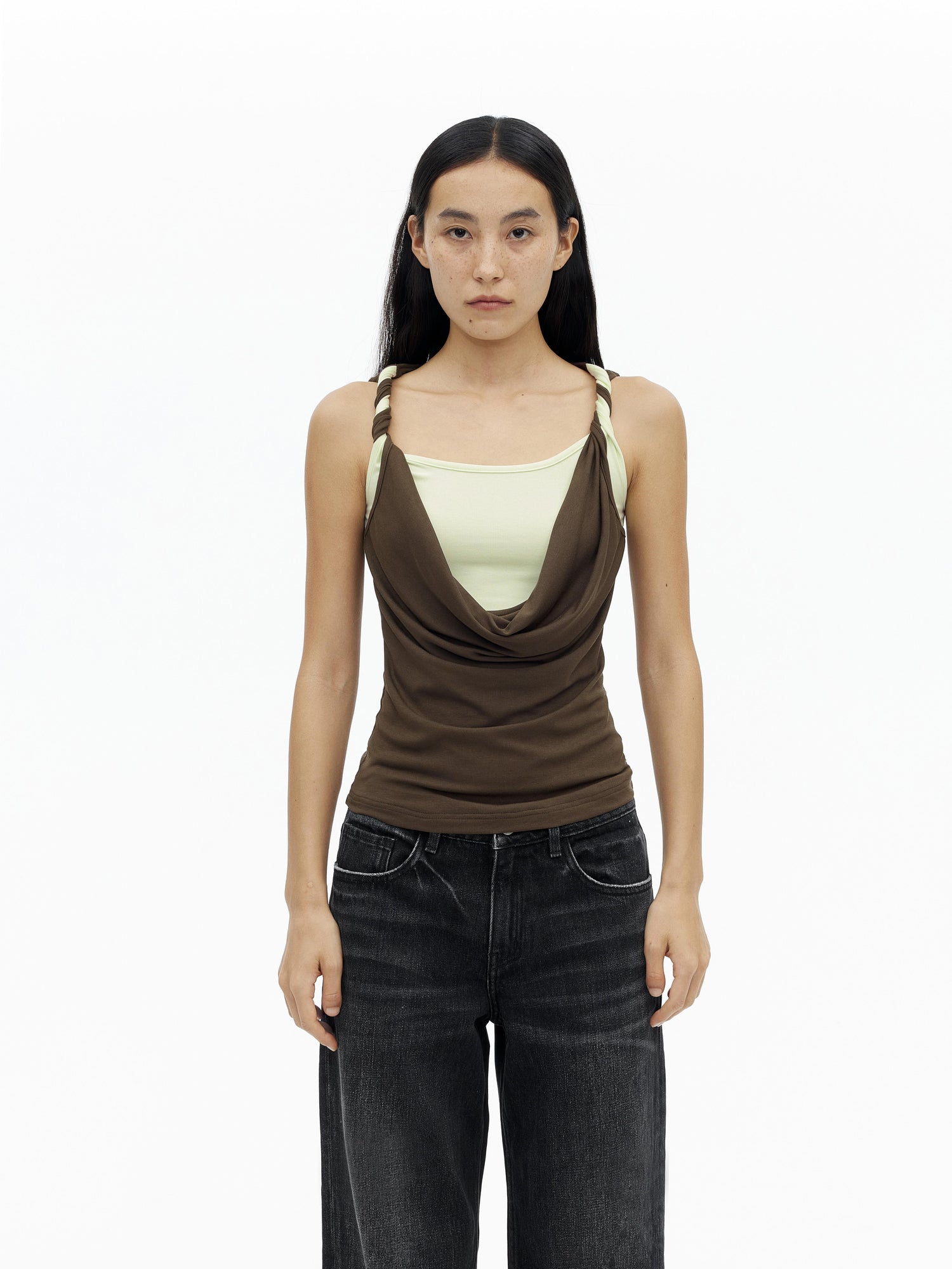AFTADAWN Draped Mock Neck Knotted Strap Camisole Top