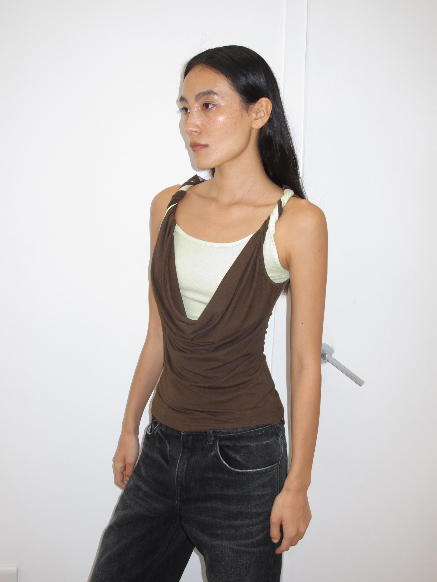 AFTADAWN Draped Mock Neck Knotted Strap Camisole Top