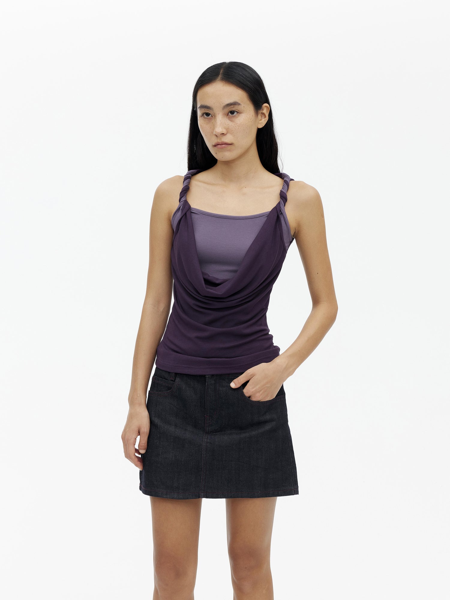 AFTADAWN Draped Mock Neck Knotted Strap Camisole Top