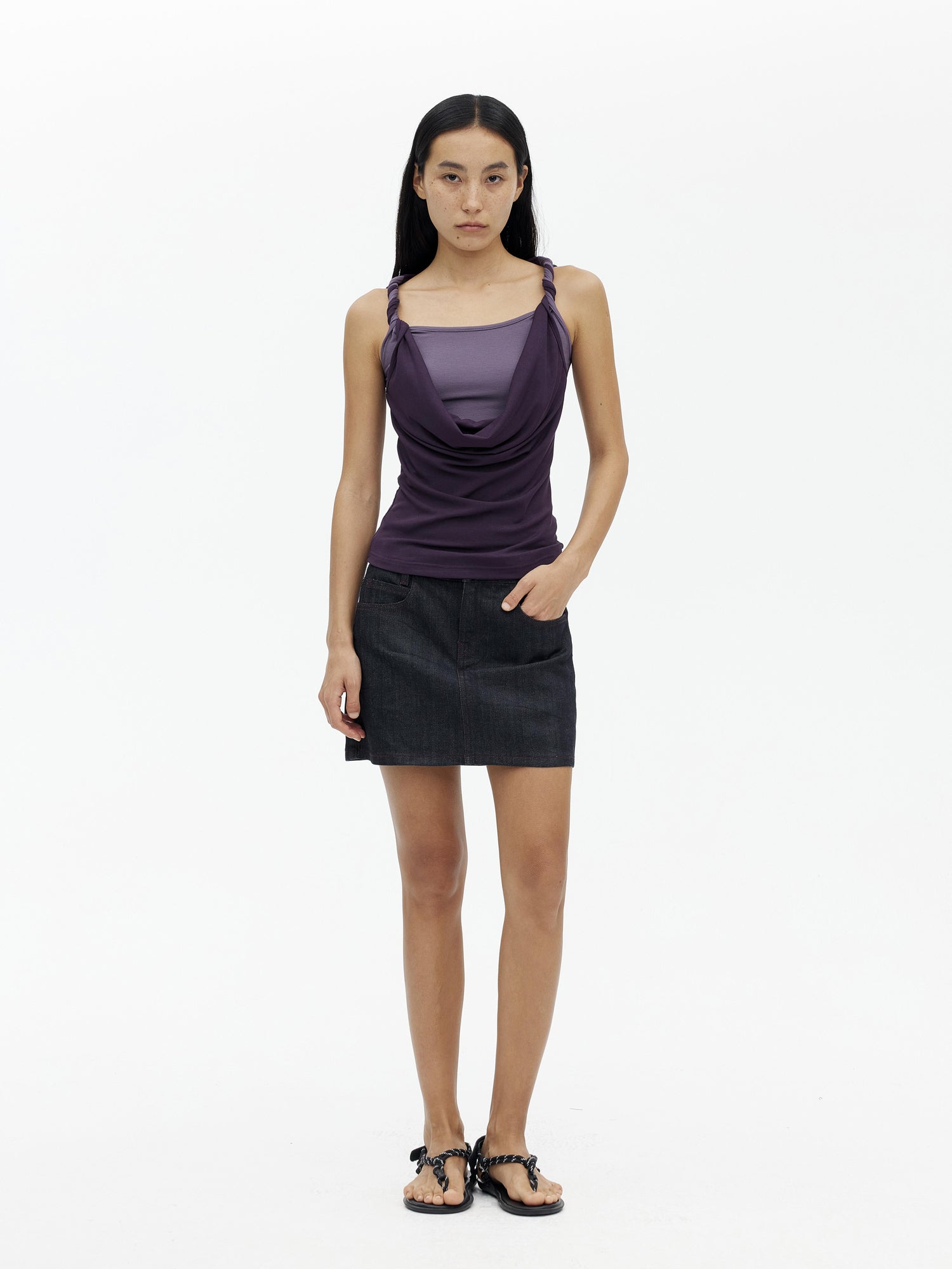 AFTADAWN Draped Mock Neck Knotted Strap Camisole Top