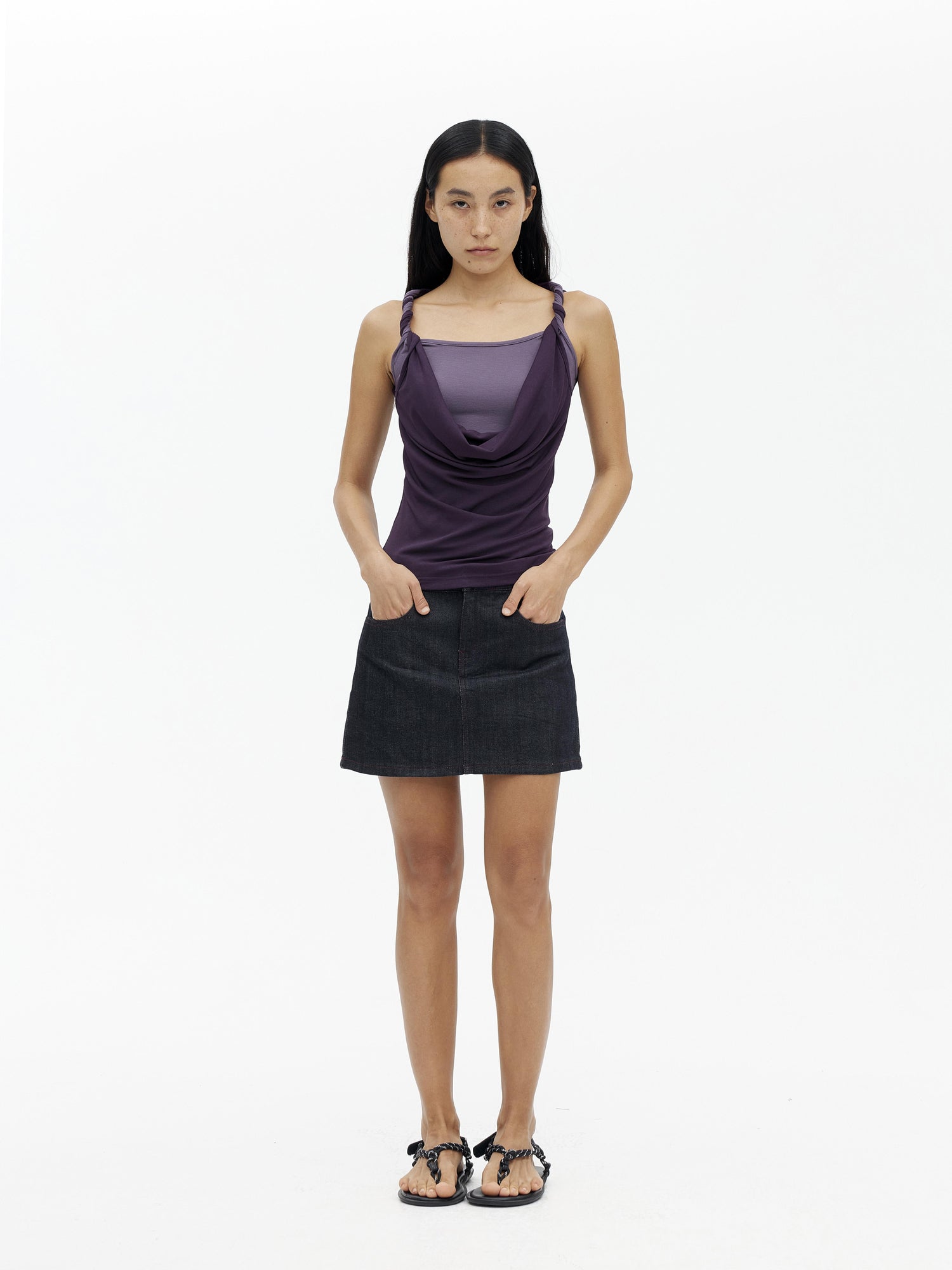 AFTADAWN Draped Mock Neck Knotted Strap Camisole Top