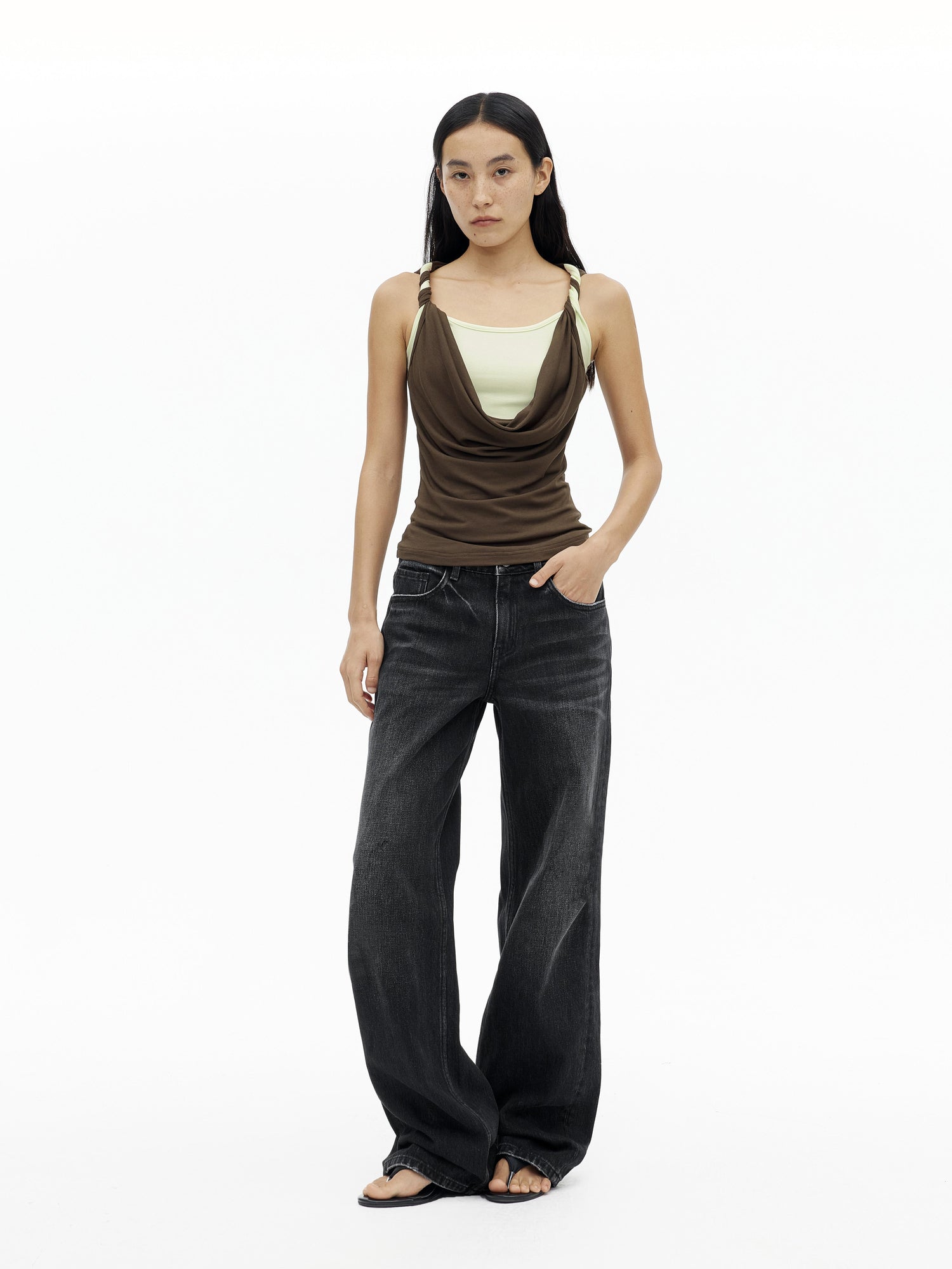 AFTADAWN Draped Mock Neck Knotted Strap Camisole Top