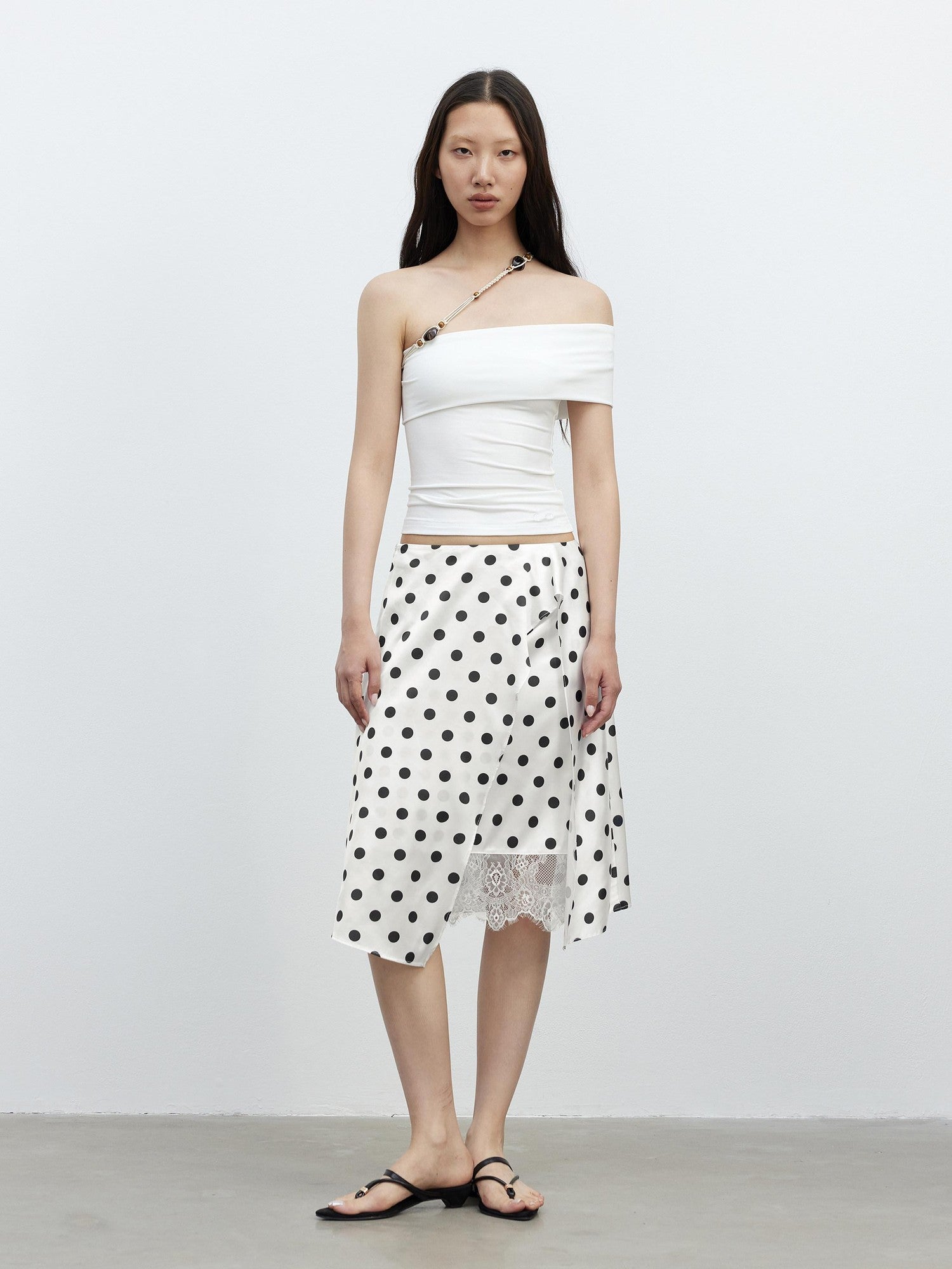 AFTADAWN Drapey Satin Polka Dot Lace Patchwork Asymmetric Women&