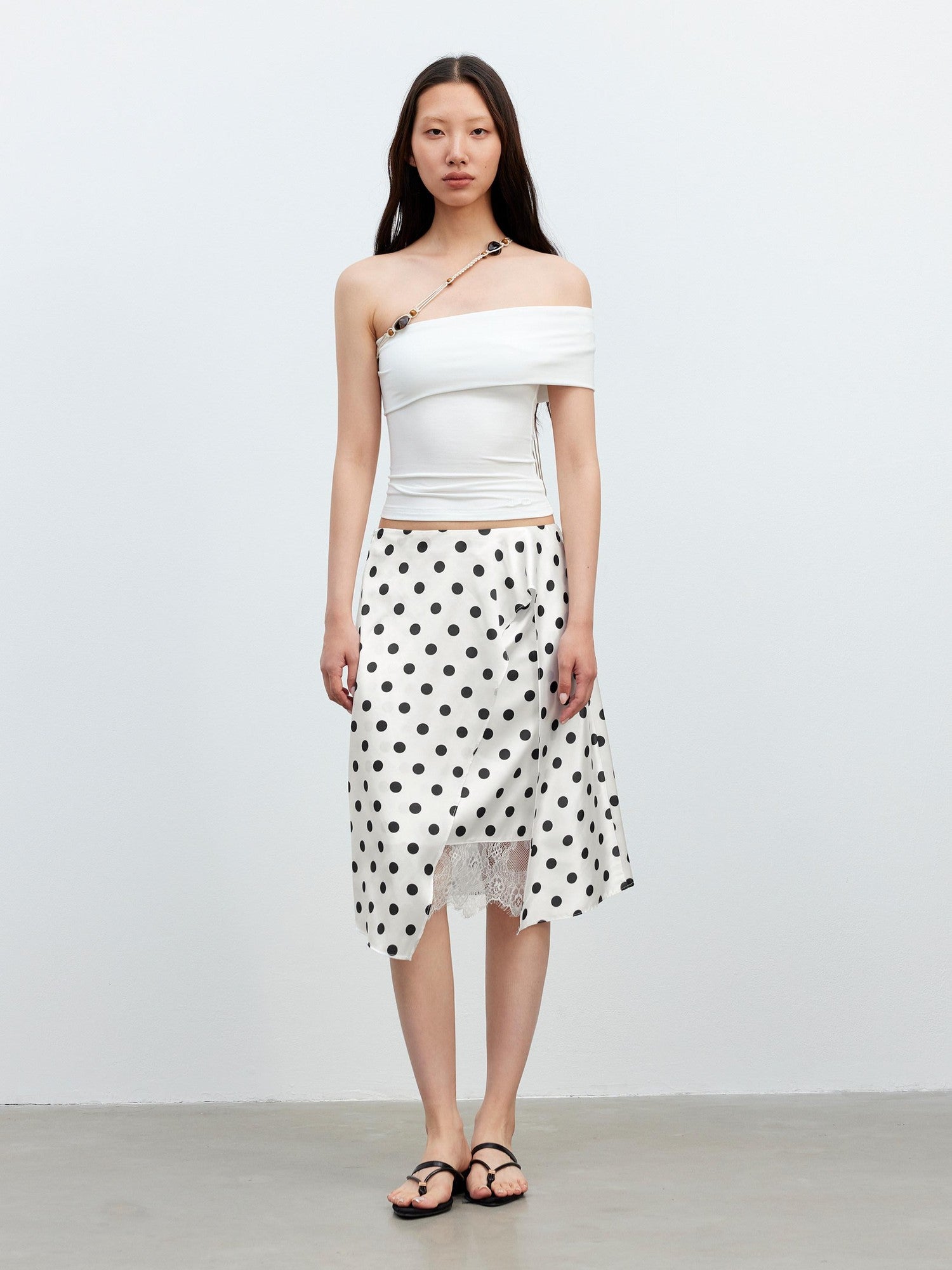 AFTADAWN Drapey Satin Polka Dot Lace Patchwork Asymmetric Women&