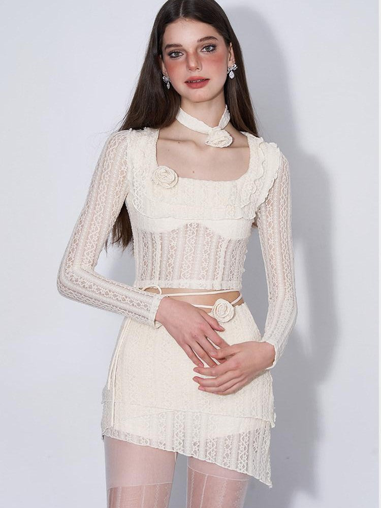 AFTADAWN Eden Rose Lace Square Neck Cropped Women&
