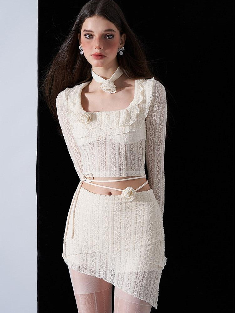 AFTADAWN Eden Rose Lace Square Neck Cropped Women&