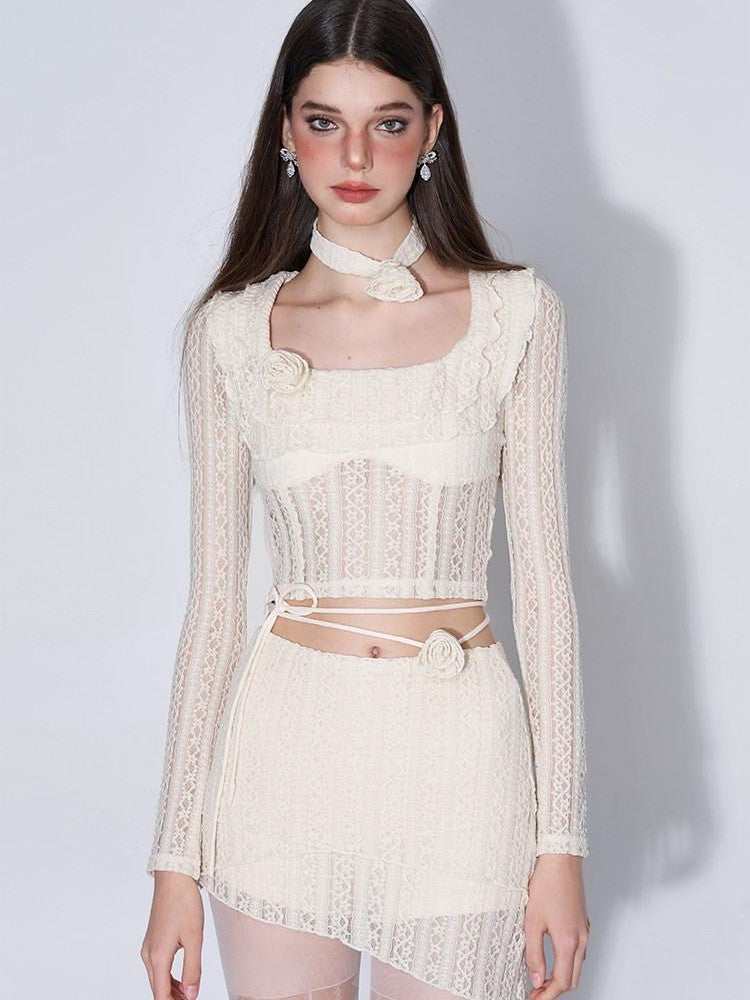AFTADAWN Eden Rose Lace Square Neck Cropped Women&