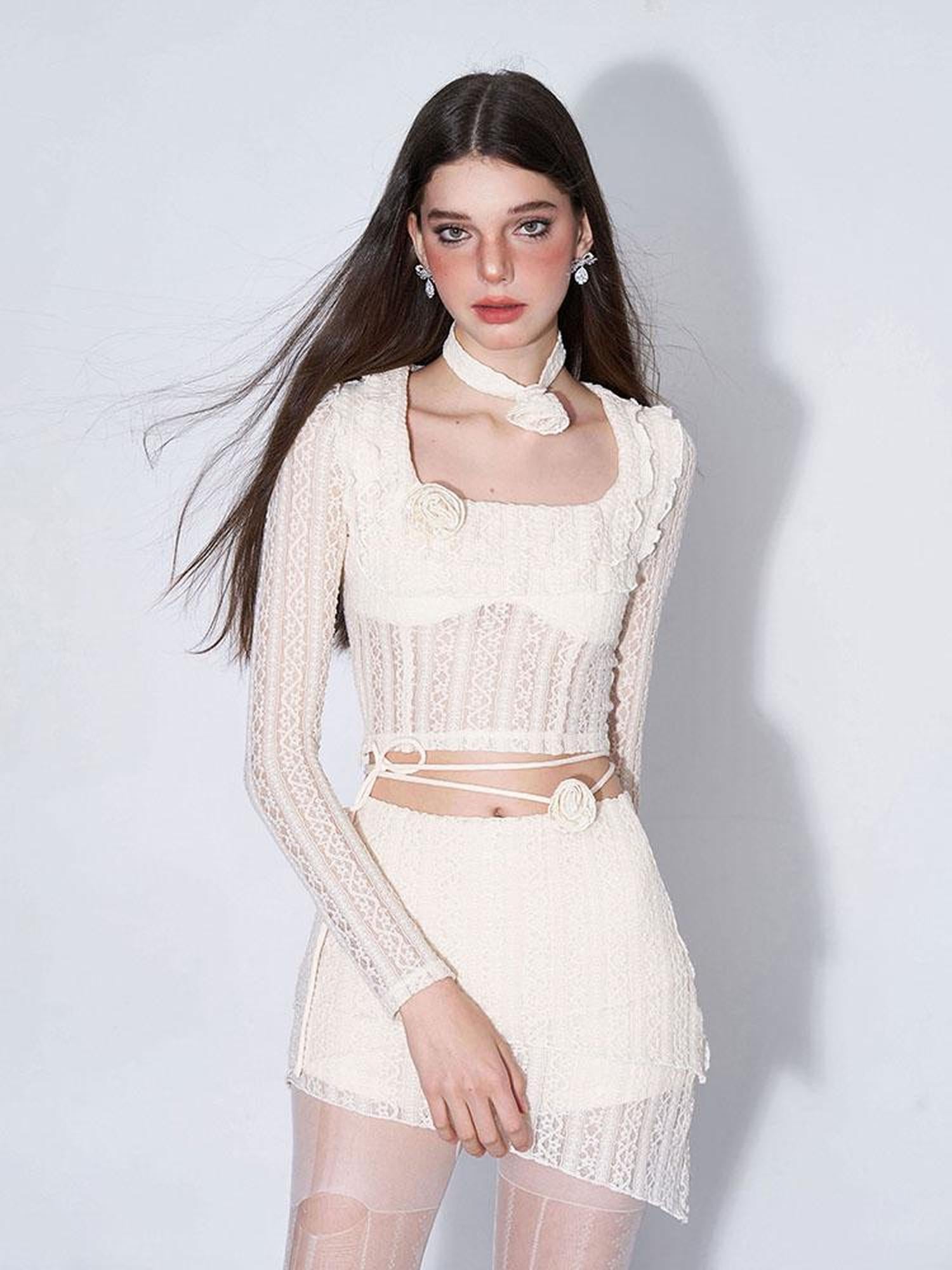 AFTADAWN Eden Rose Lace Top Skirt Set V-neck T-shirt Long Sleeve