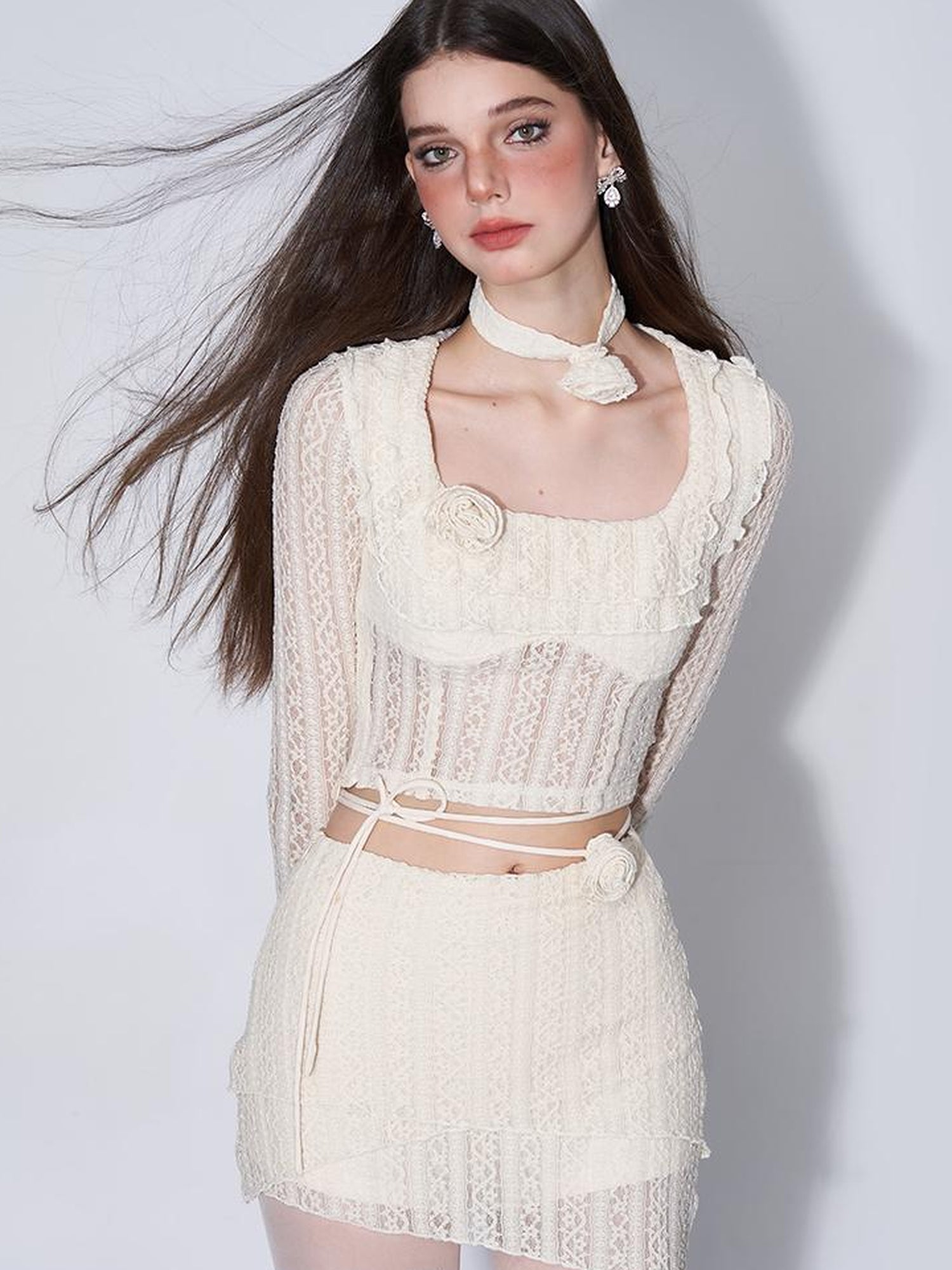 AFTADAWN Eden Rose Lace Top Skirt Set V-neck T-shirt Long Sleeve