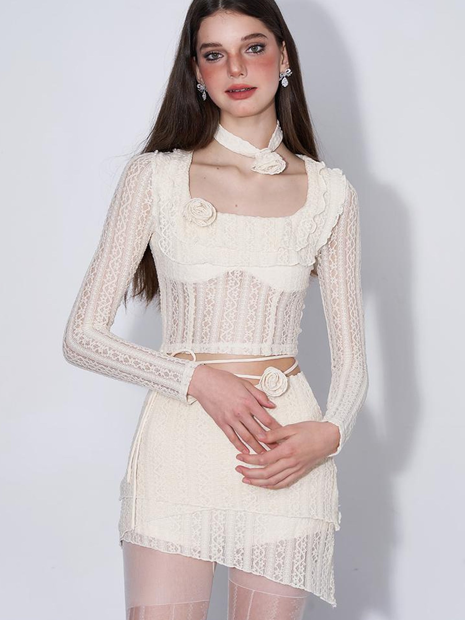 AFTADAWN Eden Rose Lace Top Skirt Set V-neck T-shirt Long Sleeve