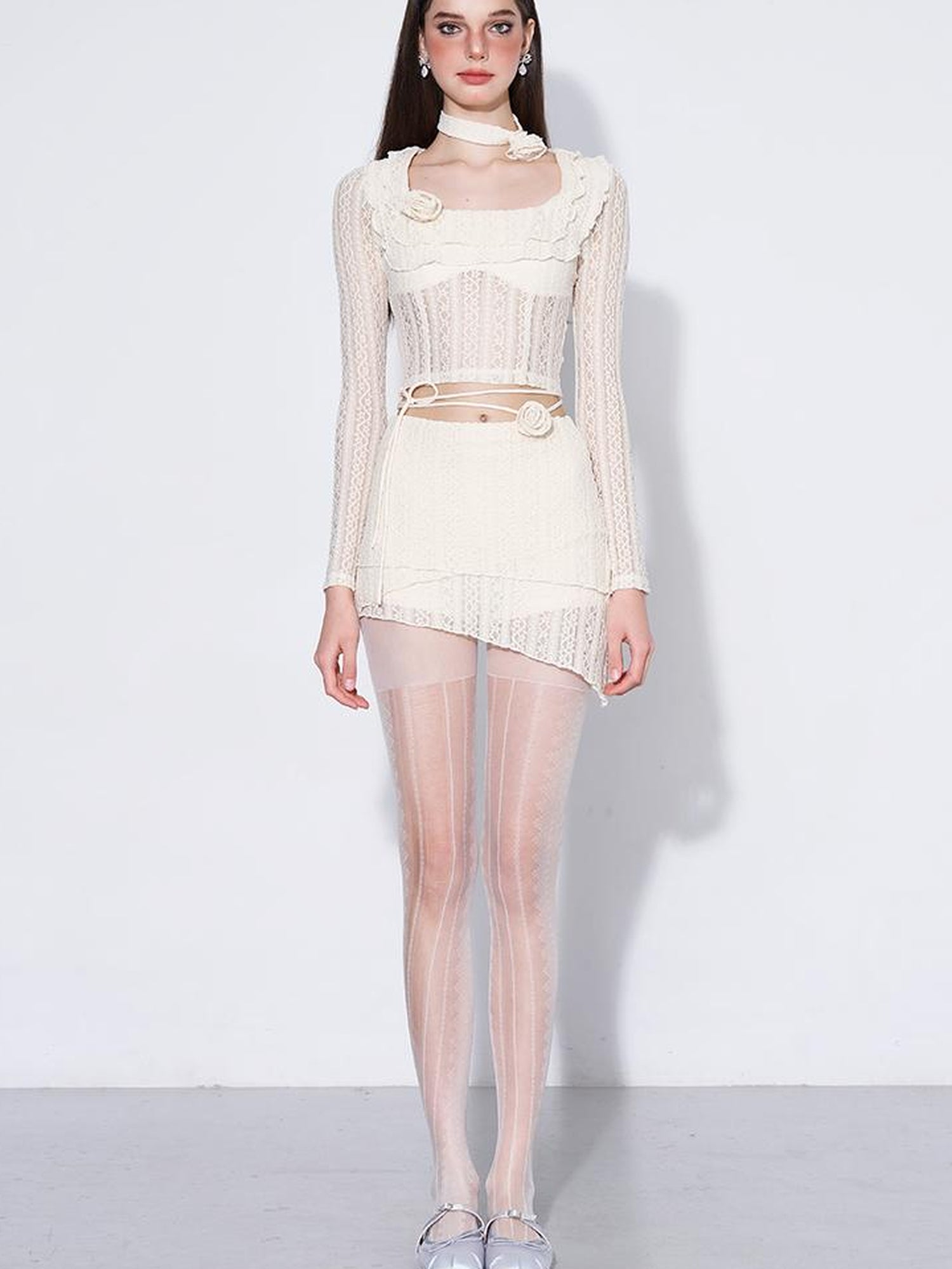 AFTADAWN Eden Rose Lace Top Skirt Set V-neck T-shirt Long Sleeve