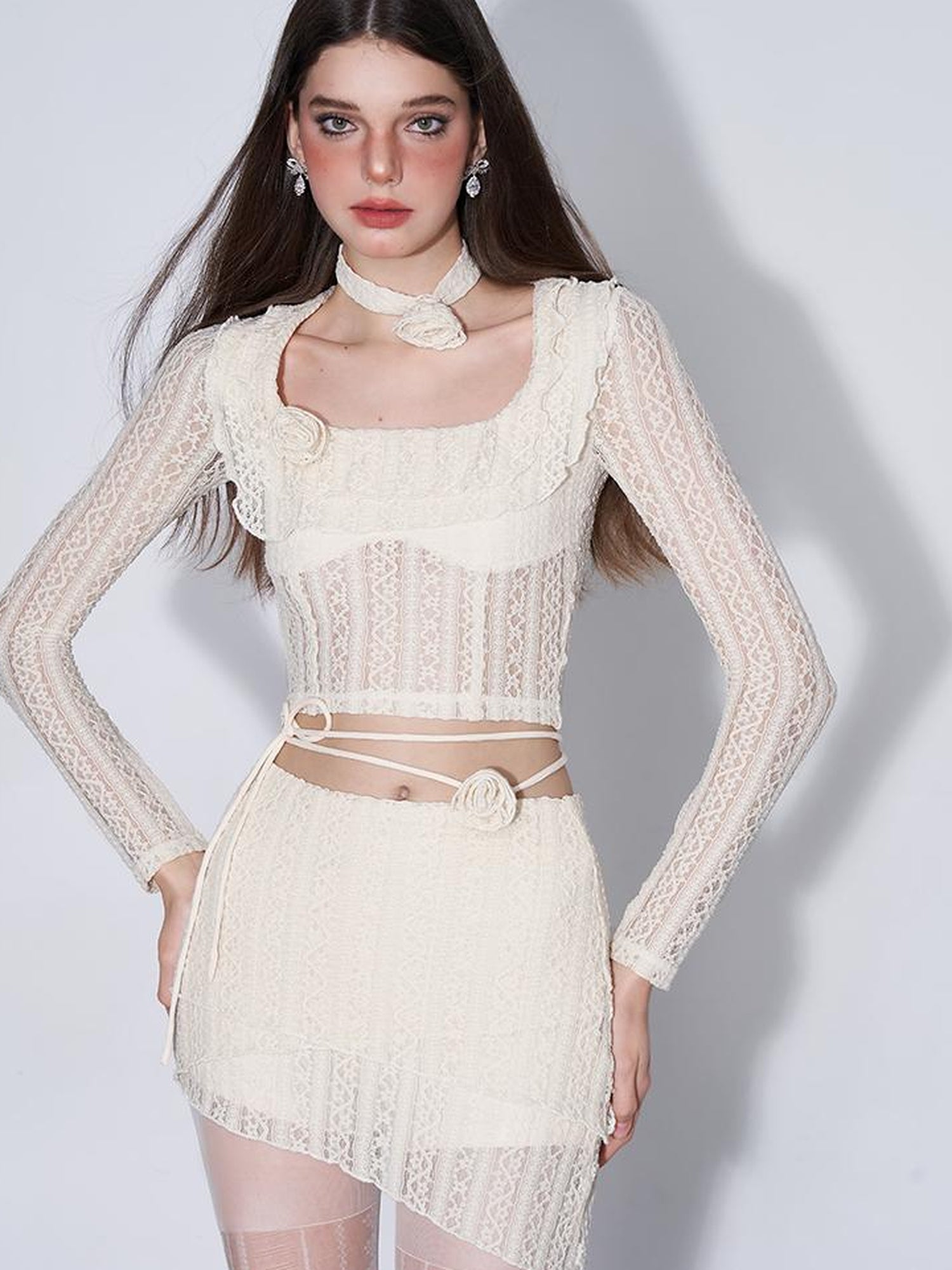 AFTADAWN Eden Rose Lace Top Skirt Set V-neck T-shirt Long Sleeve