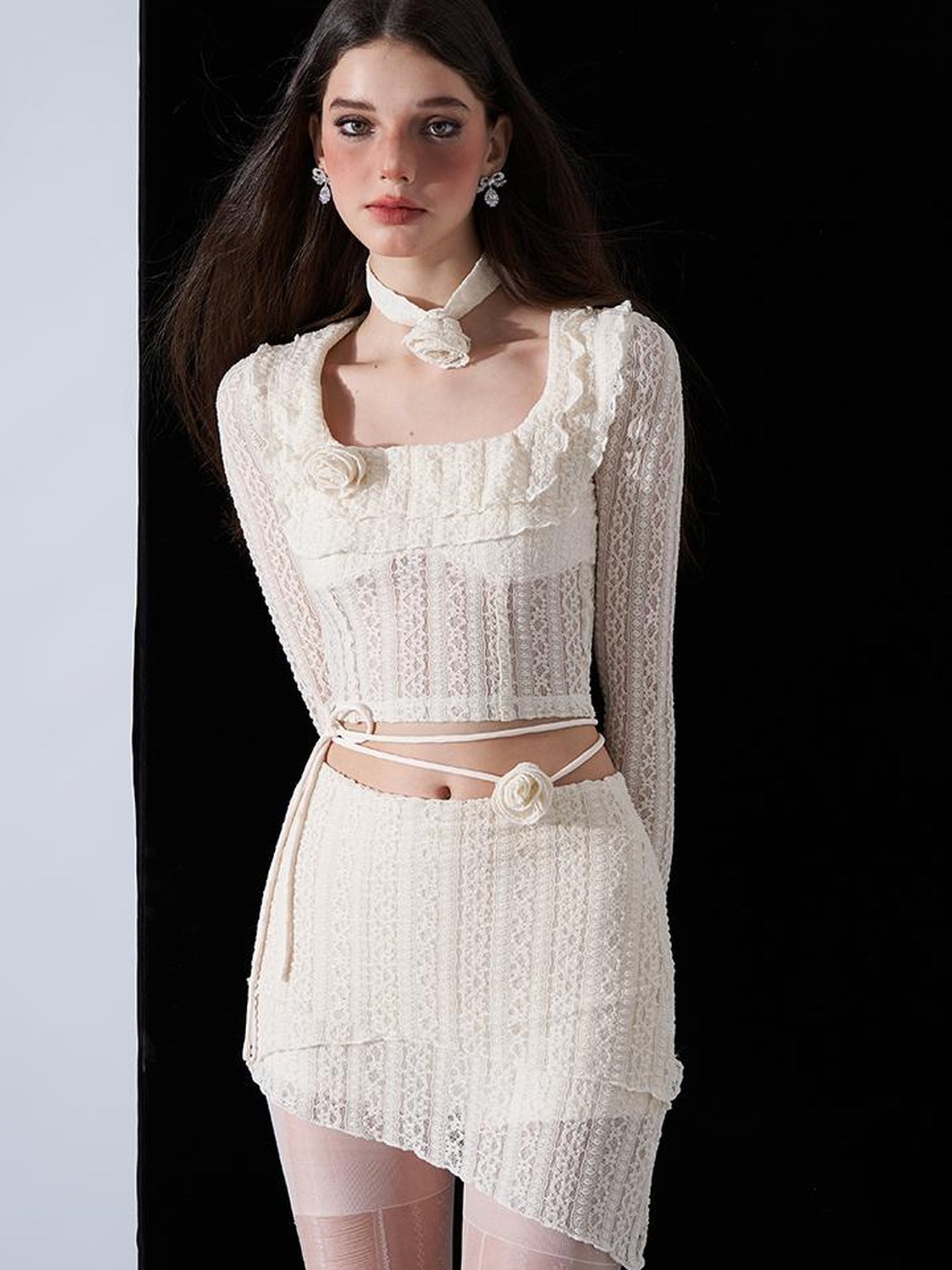 AFTADAWN Eden Rose Lace Top Skirt Set V-neck T-shirt Long Sleeve