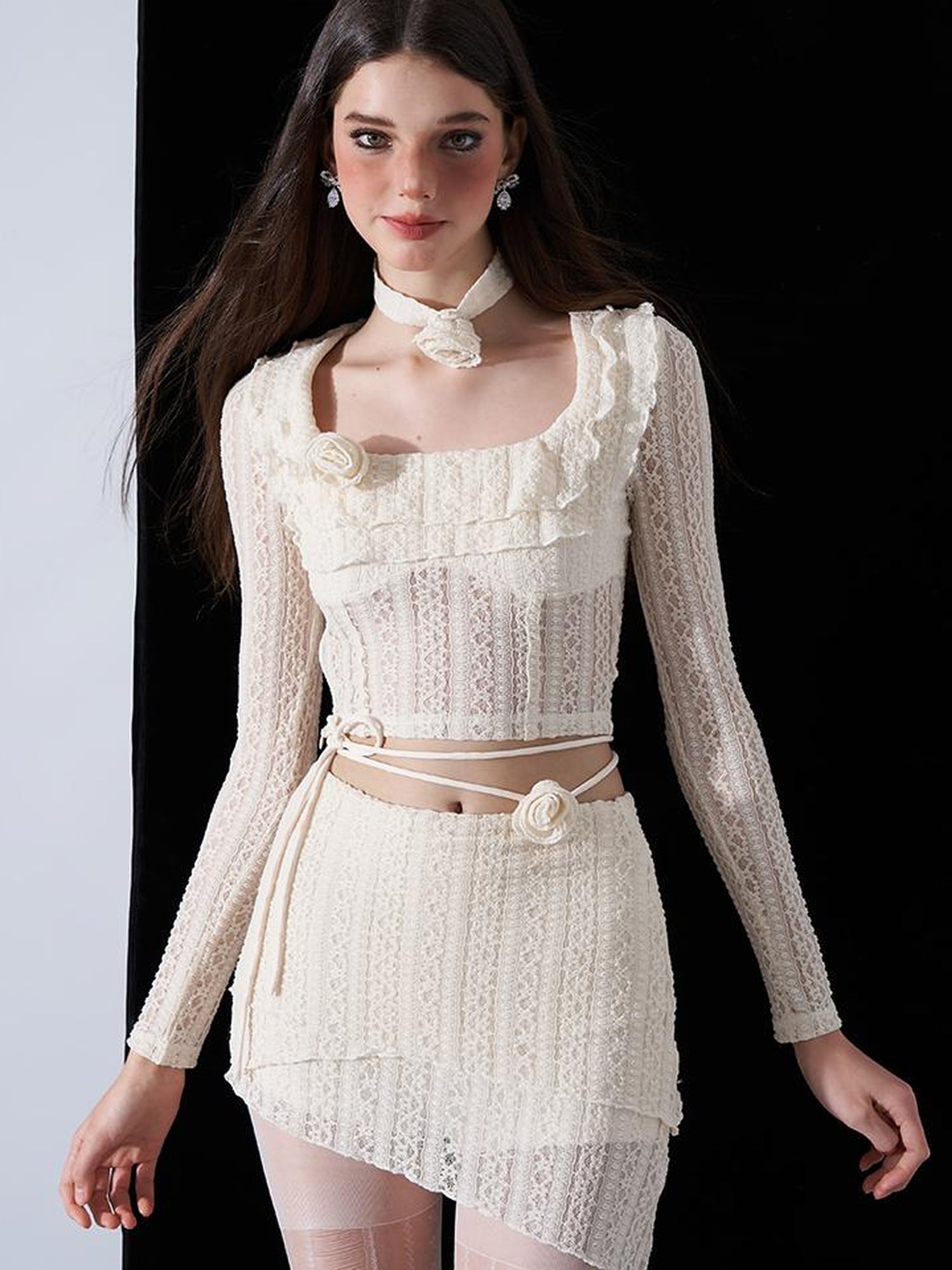 AFTADAWN Eden Rose Lace Top Skirt Set V-neck T-shirt Long Sleeve
