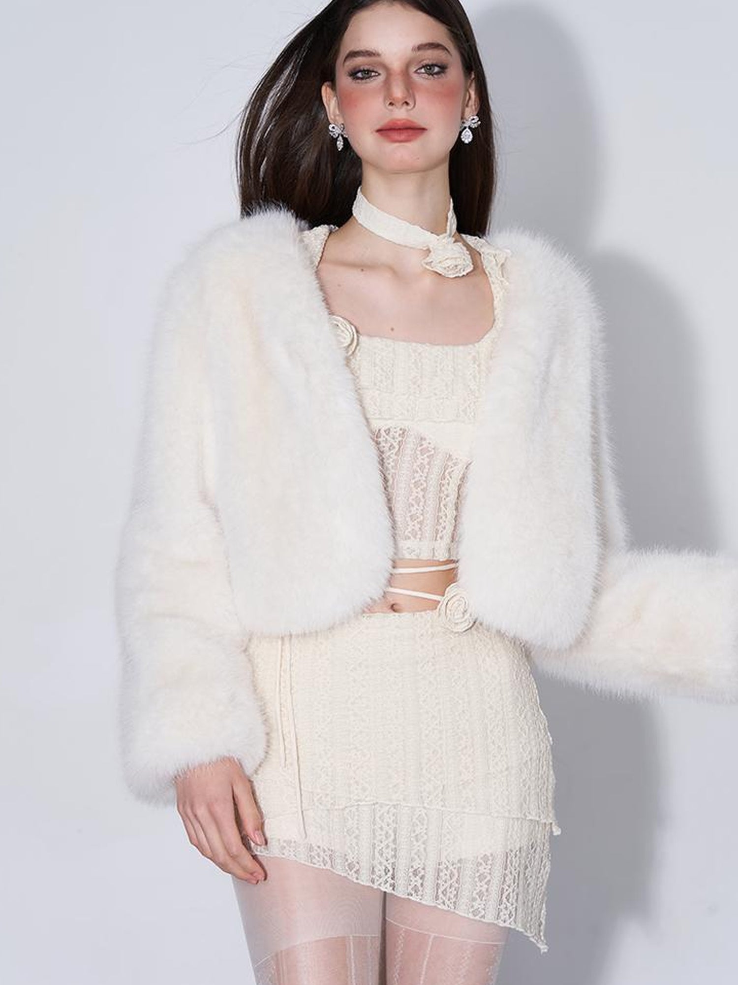 AFTADAWN Eden Rose Lace Top Skirt Set V-neck T-shirt Long Sleeve