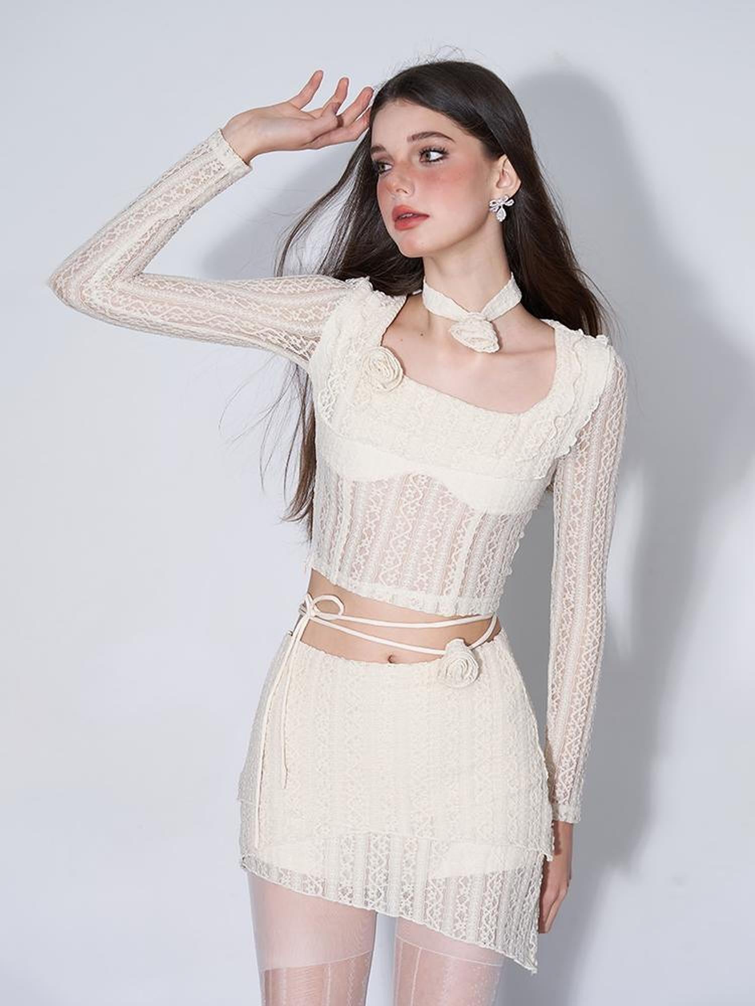 AFTADAWN Eden Rose Lace Top Skirt Set V-neck T-shirt Long Sleeve