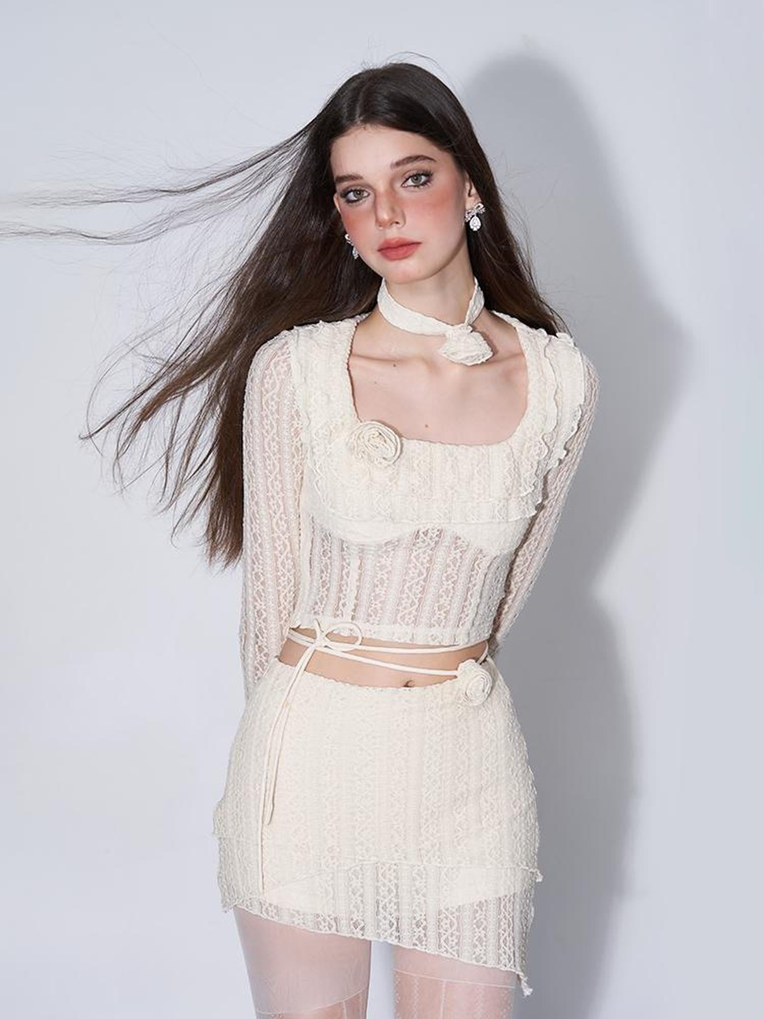 AFTADAWN Eden Rose Lace Top Skirt Set V-neck T-shirt Long Sleeve