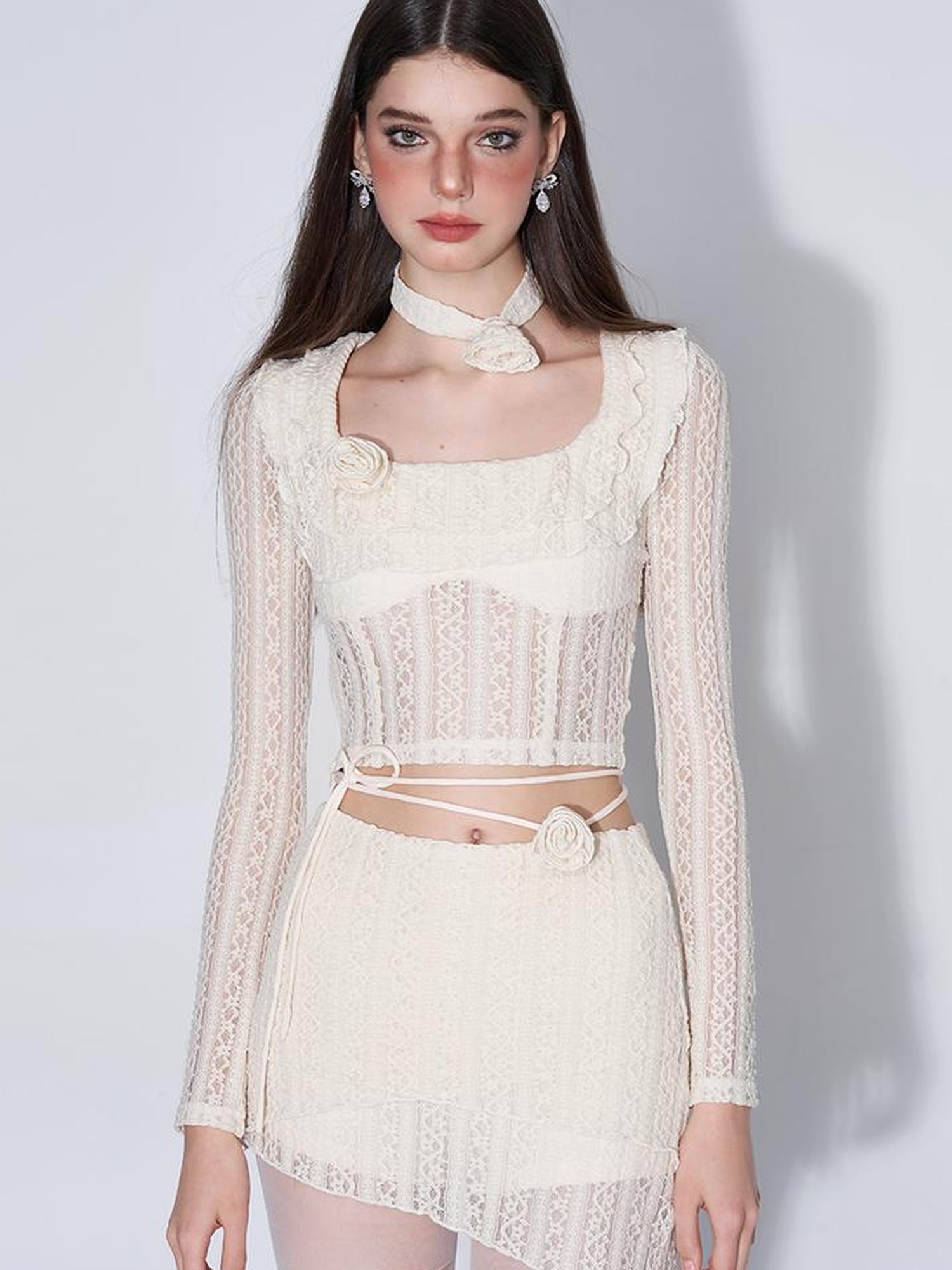 AFTADAWN Eden Rose Lace Top Skirt Set V-neck T-shirt Long Sleeve