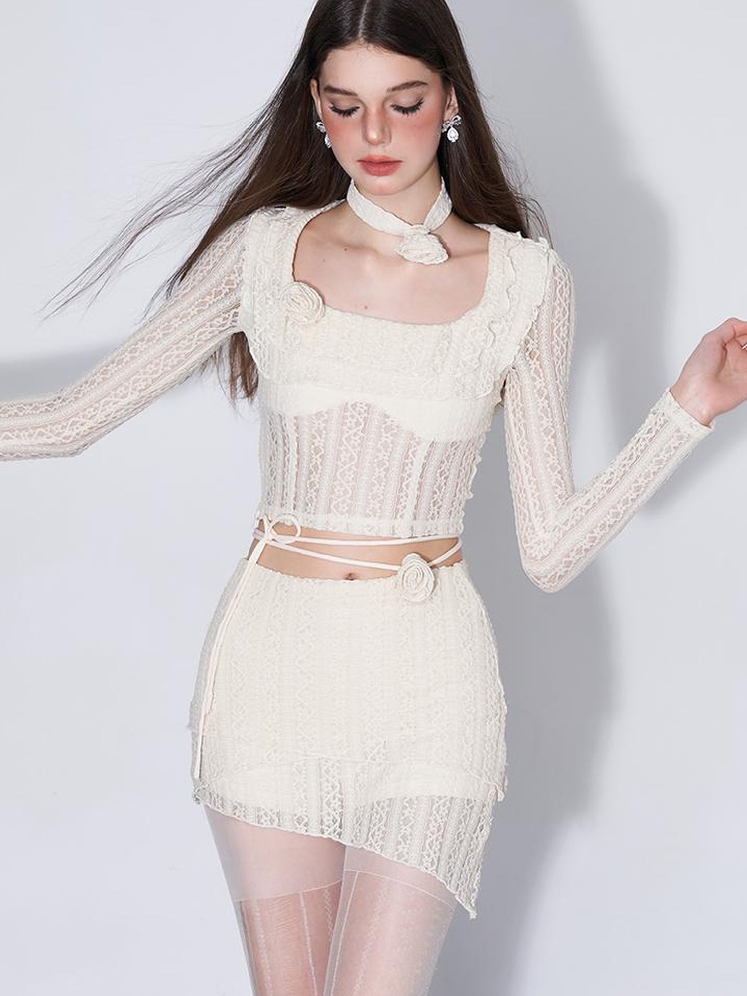 AFTADAWN Eden Rose Lace Top Skirt Set V-neck T-shirt Long Sleeve