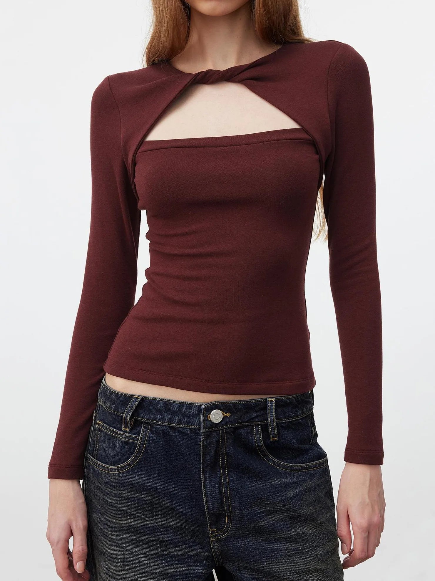 AFTADAWN Elastic Hollow Knot Twist Layered Slim Fit Long Sleeve V-neck Top T-shirt