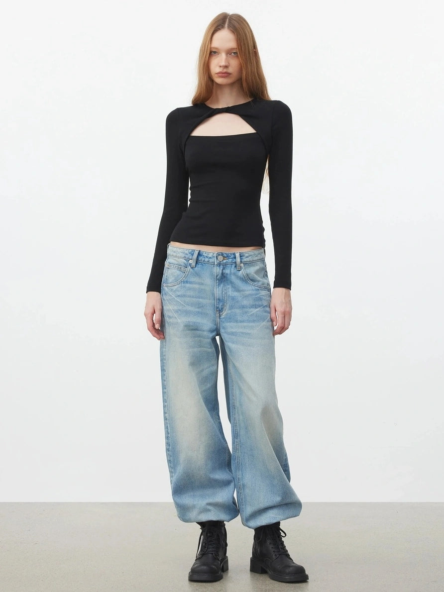 AFTADAWN Elastic Hollow Knot Twist Layered Slim Fit Long Sleeve V-neck Top T-shirt