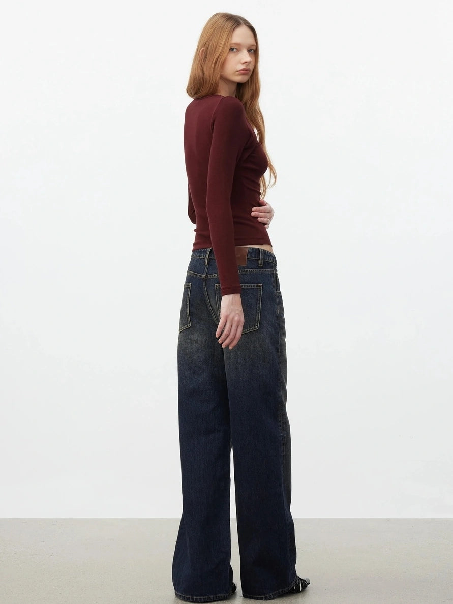 AFTADAWN Elastic Hollow Knot Twist Layered Slim Fit Long Sleeve V-neck Top T-shirt