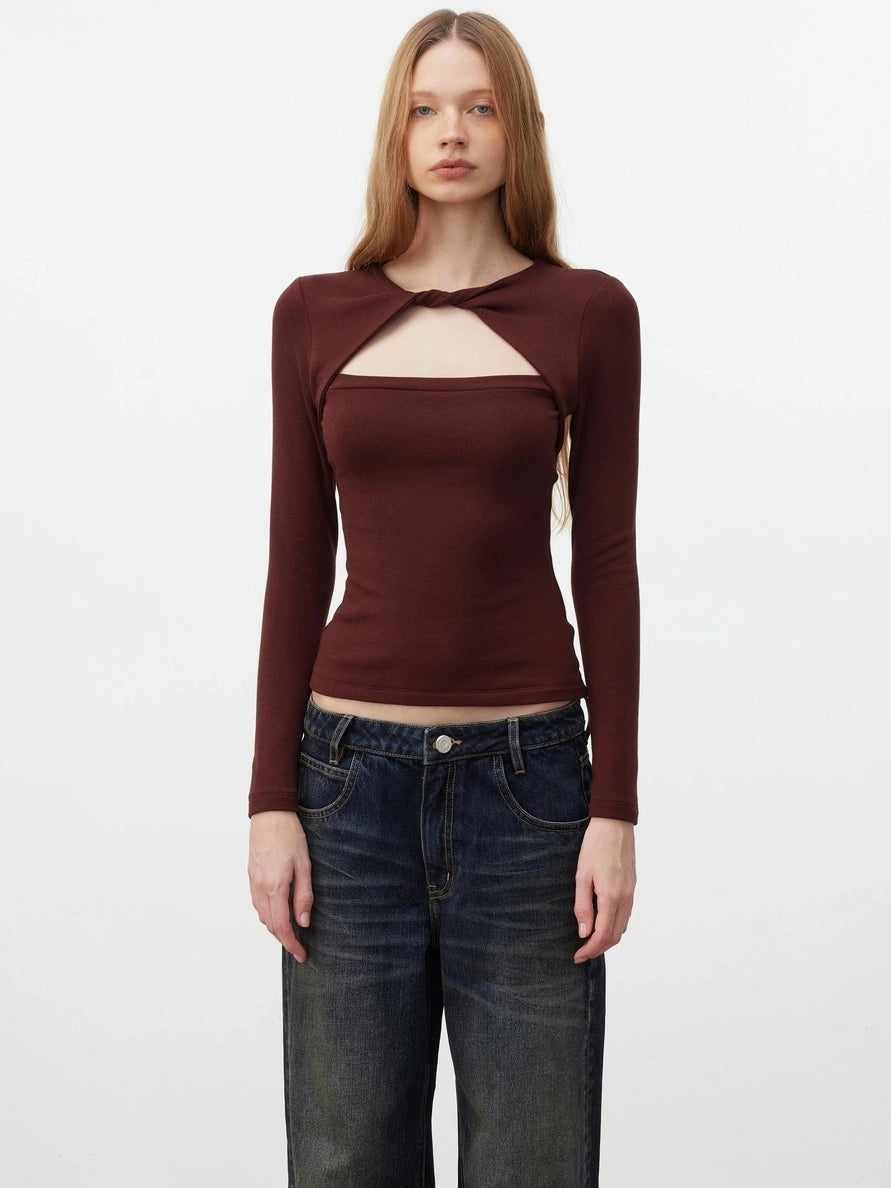 AFTADAWN Elastic Hollow Knot Twist Layered Slim Fit Long Sleeve V-neck Top T-shirt