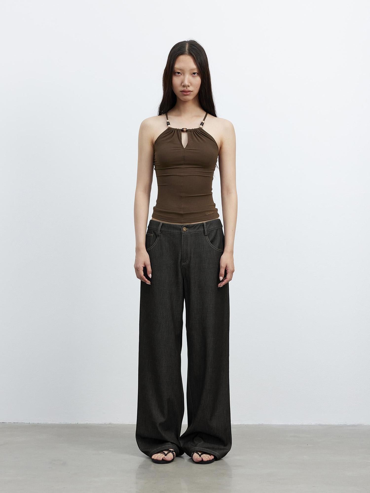 AFTADAWN Elastic Lyocell Hollow Out Beaded Halter Cross Back Cami