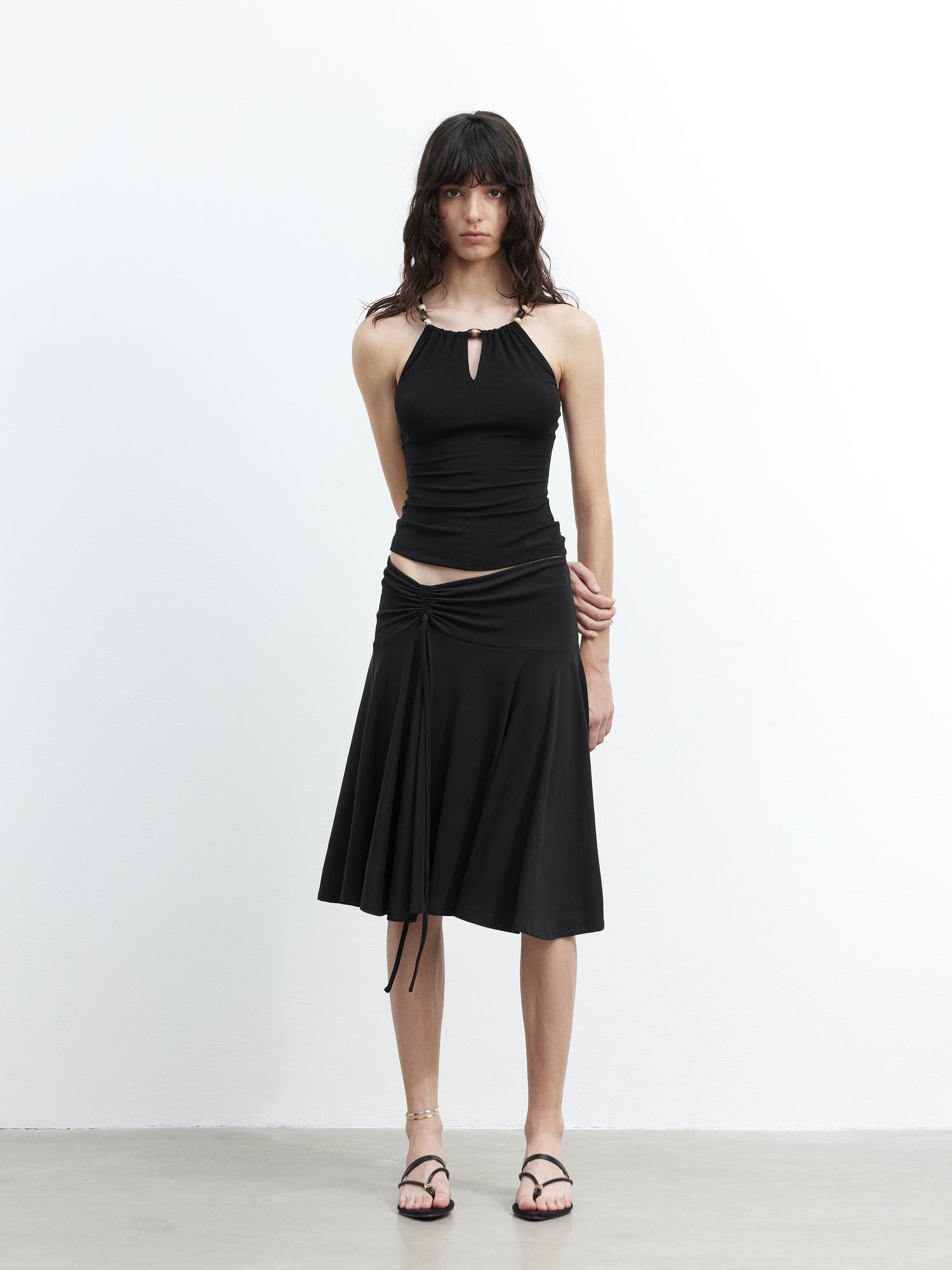 AFTADAWN Elastic Lyocell Hollow Out Beaded Halter Cross Back Cami