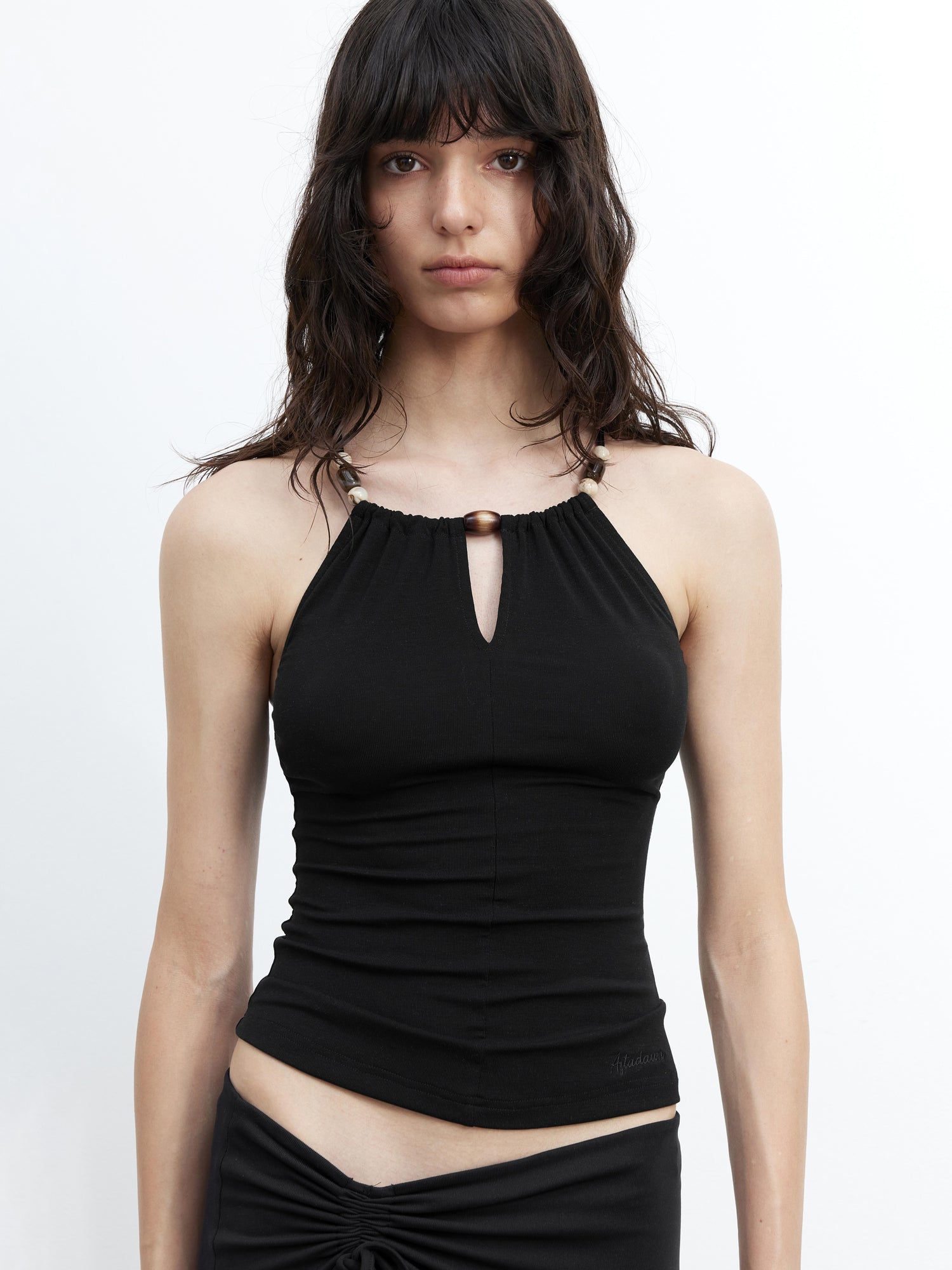 AFTADAWN Elastic Lyocell Hollow Out Beaded Halter Cross Back Cami