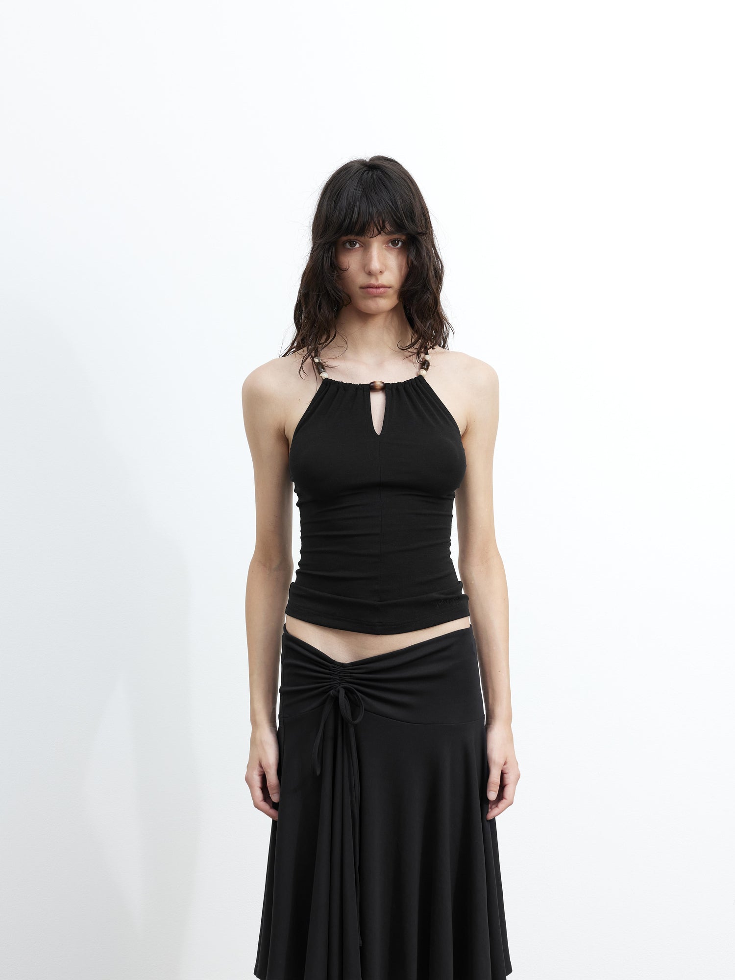 AFTADAWN Elastic Lyocell Hollow Out Beaded Halter Cross Back Cami