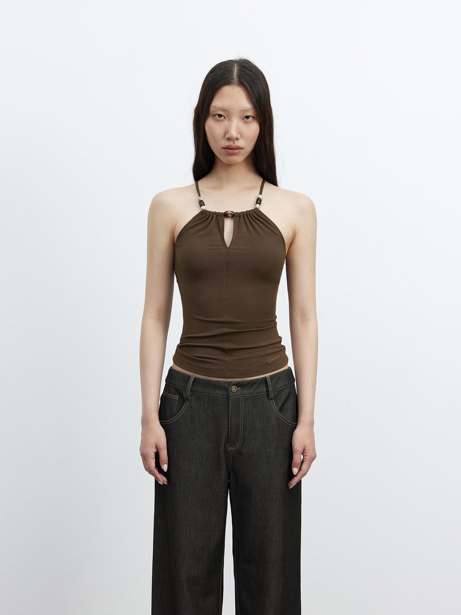 AFTADAWN Elastic Lyocell Hollow Out Beaded Halter Cross Back Cami