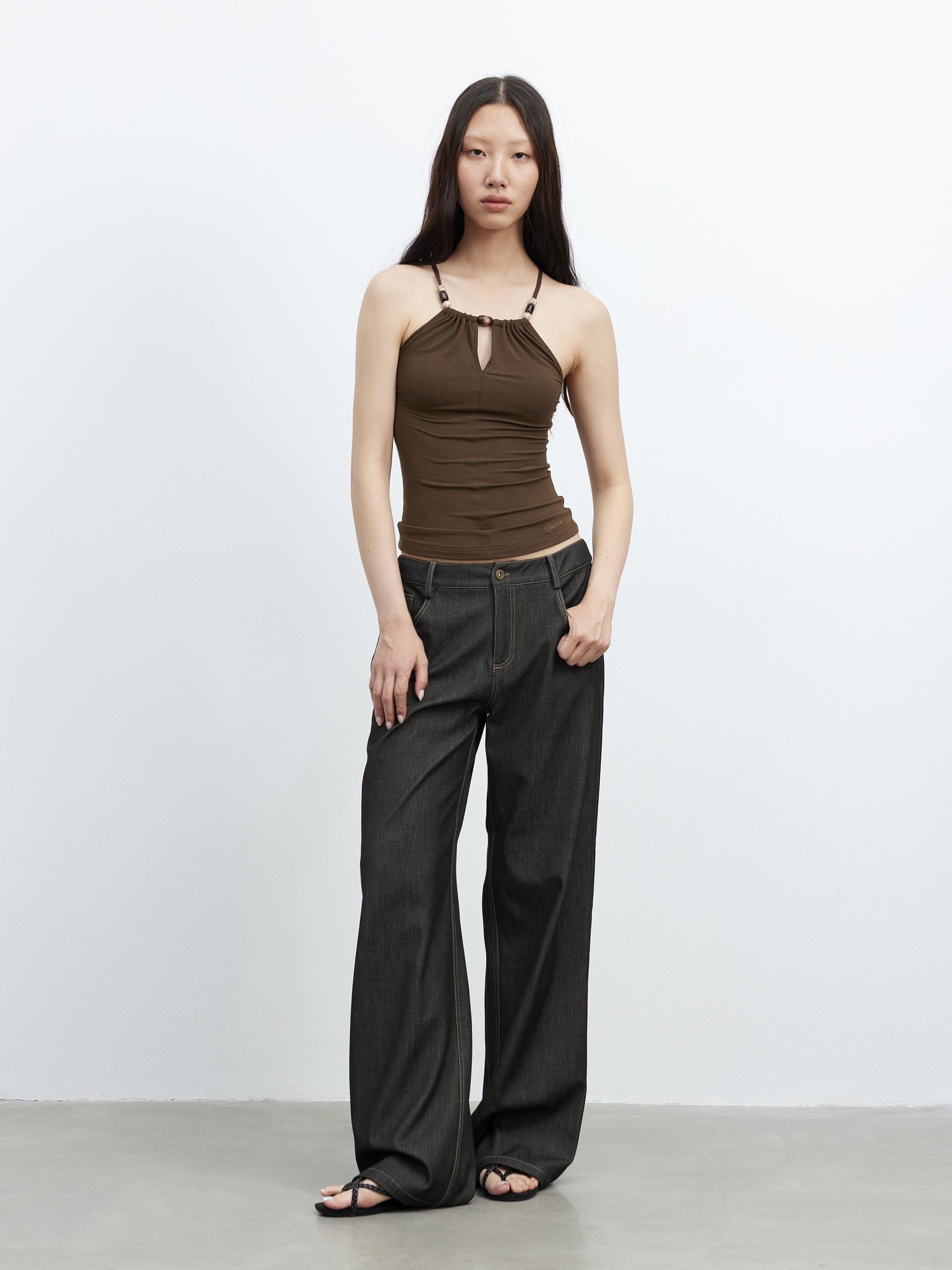 AFTADAWN Elastic Lyocell Hollow Out Beaded Halter Cross Back Cami