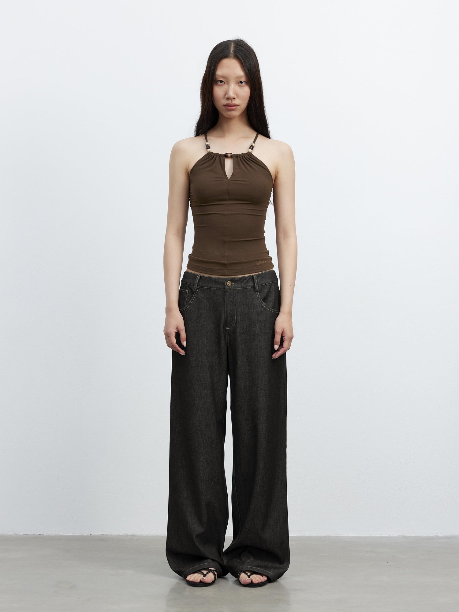 AFTADAWN Elastic Lyocell Hollow Out Beaded Halter Cross Back Cami