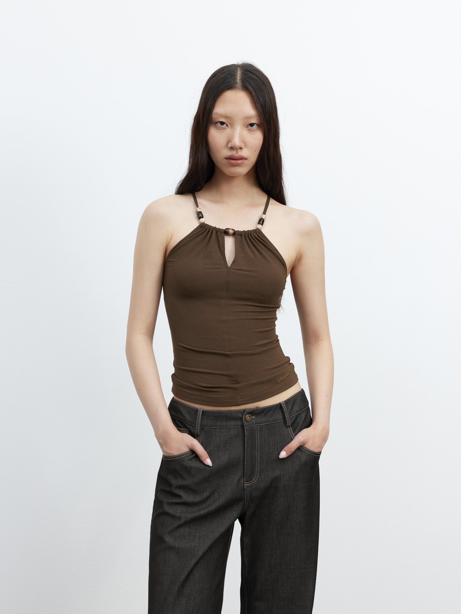 AFTADAWN Elastic Lyocell Hollow Out Beaded Halter Cross Back Cami