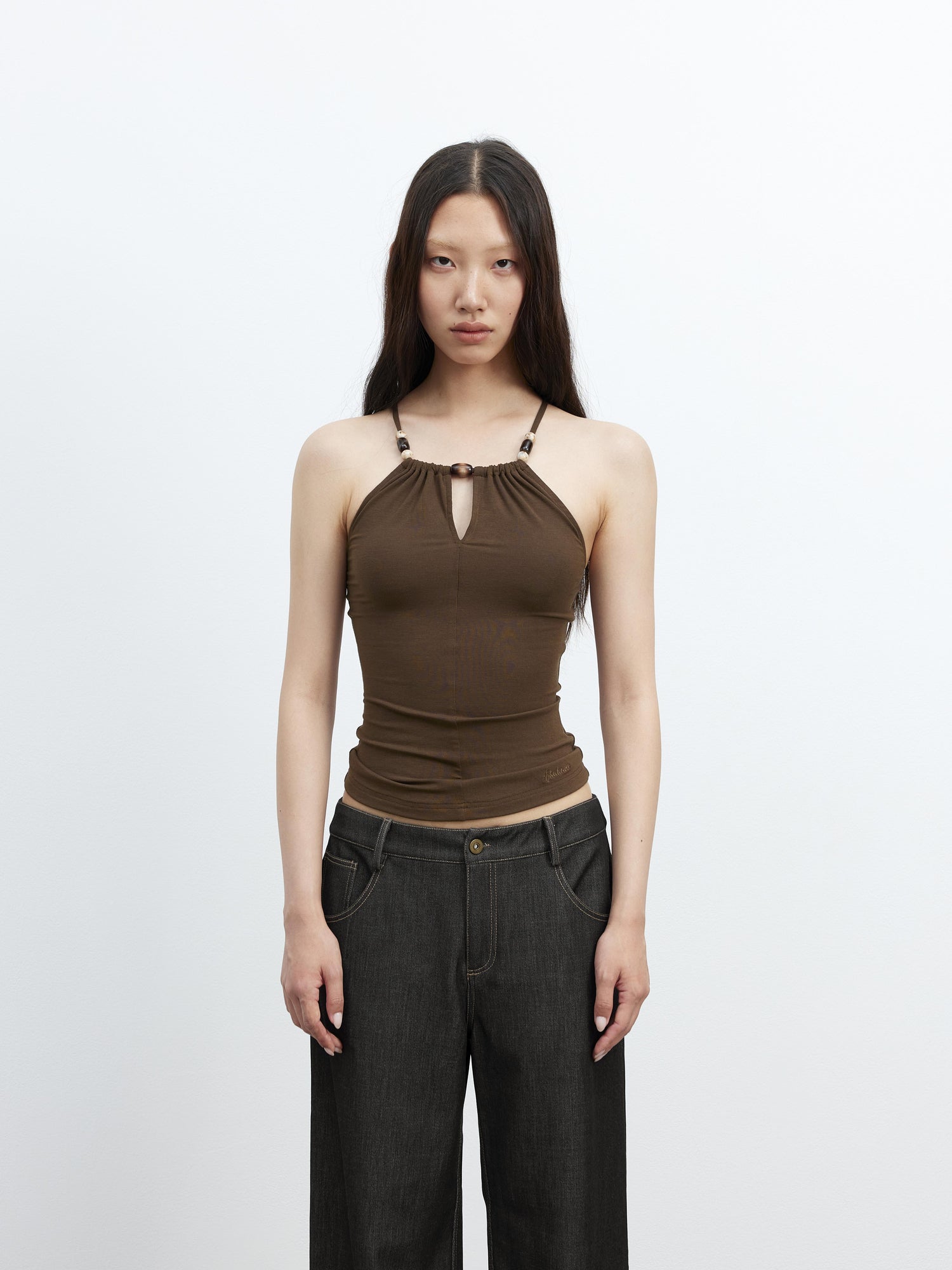 AFTADAWN Elastic Lyocell Hollow Out Beaded Halter Cross Back Cami