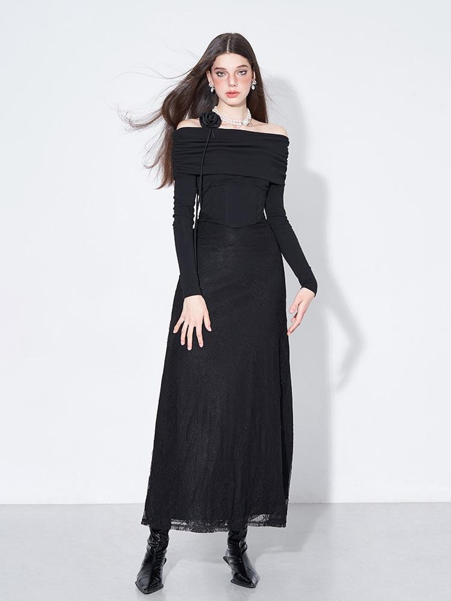 AFTADAWN Elegant Lace Trimmed Black Maxi Dress With Off Shoulder Neckline
