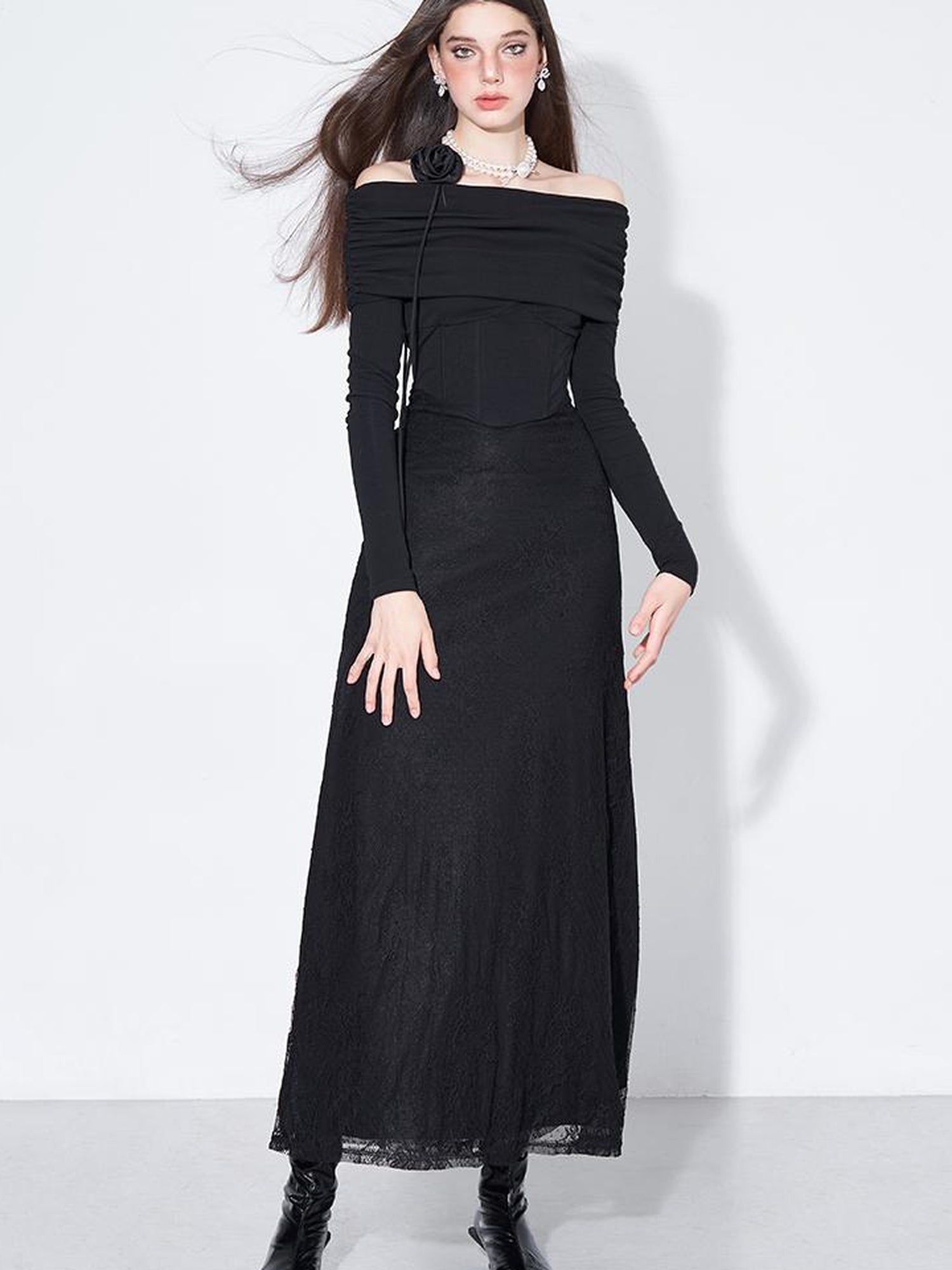 AFTADAWN Elegant Lace Trimmed Black Maxi Dress With Off Shoulder Neckline