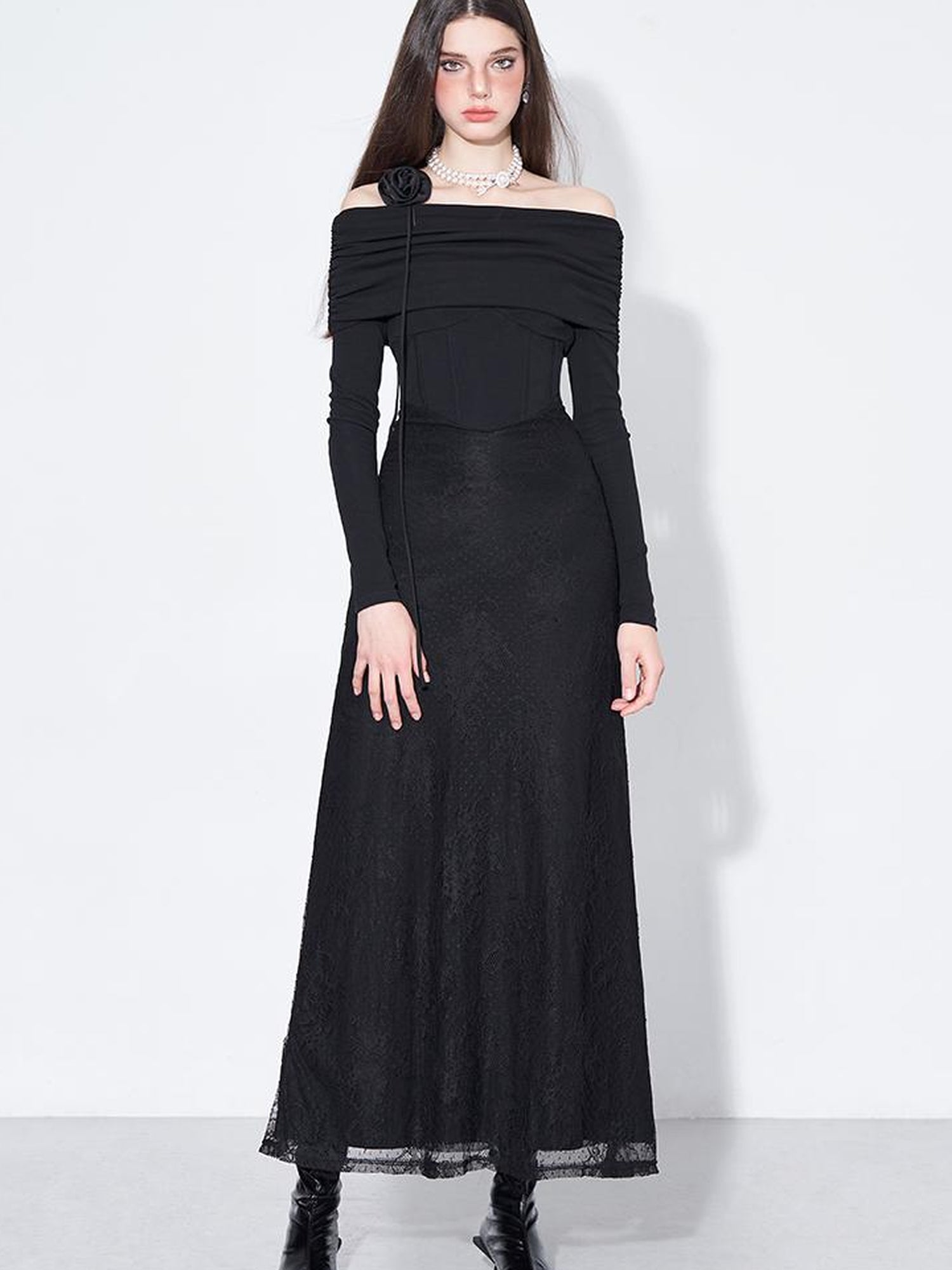 AFTADAWN Elegant Lace Trimmed Black Maxi Dress With Off Shoulder Neckline