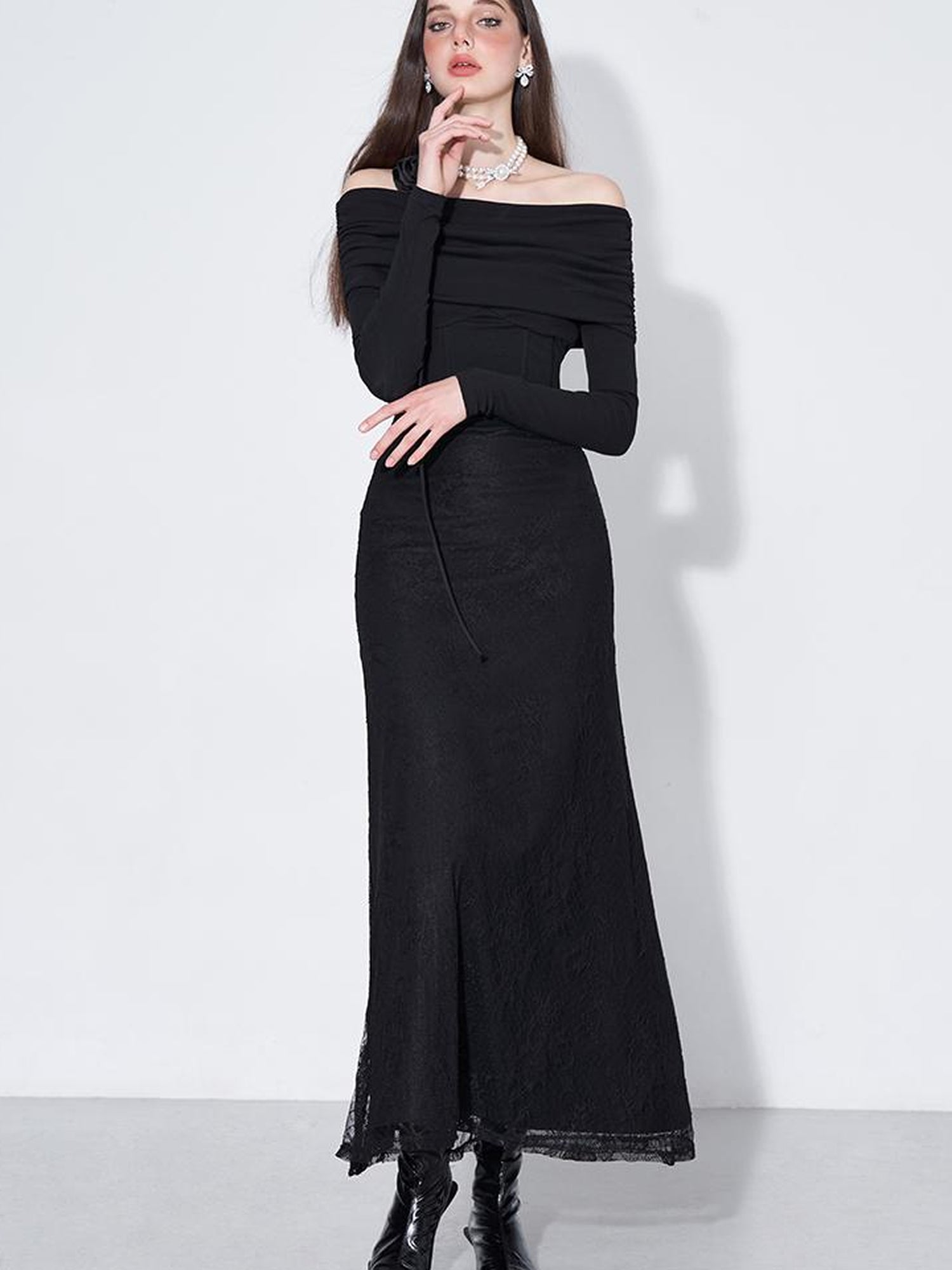 AFTADAWN Elegant Lace Trimmed Black Maxi Dress With Off Shoulder Neckline