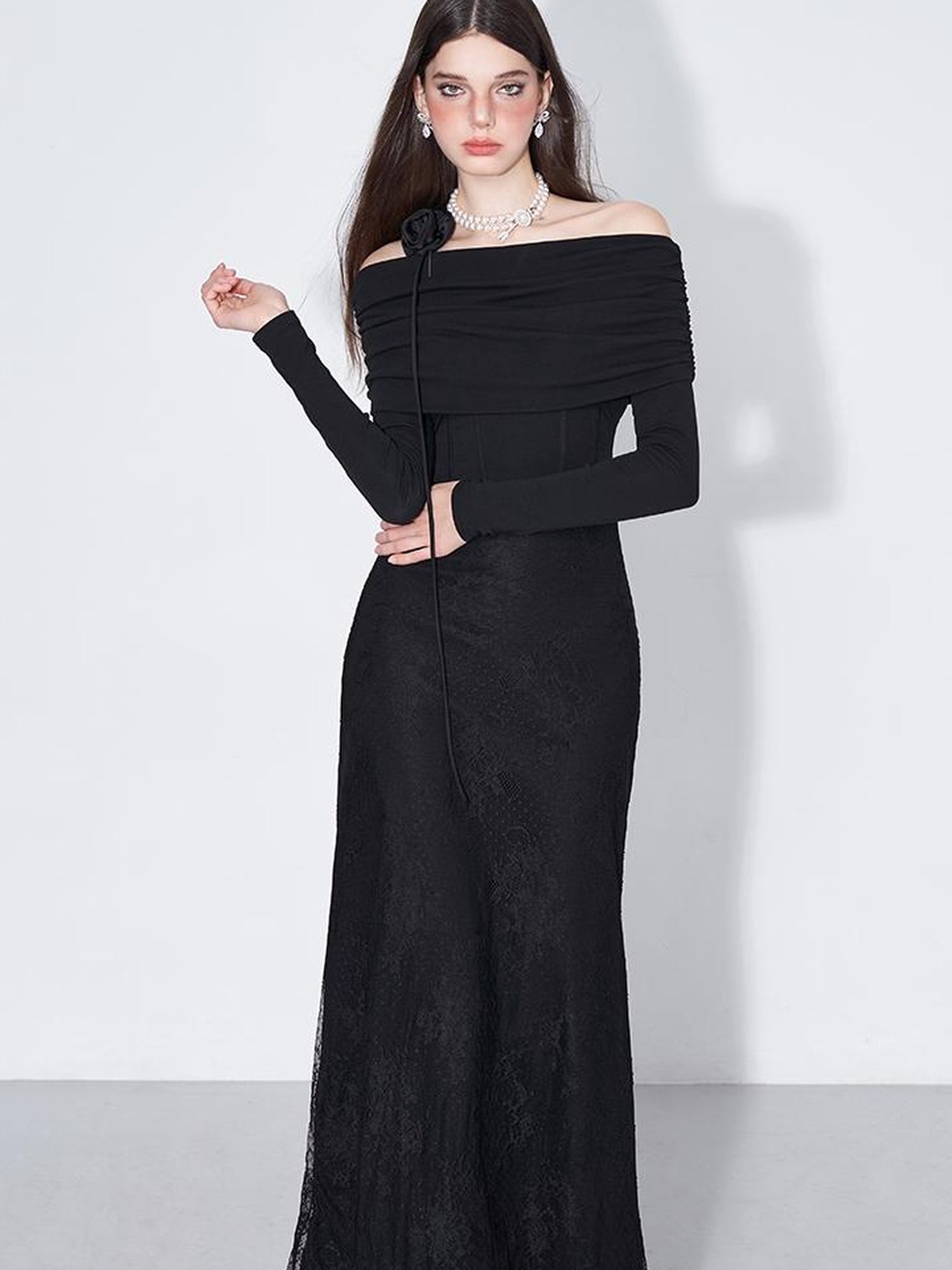 AFTADAWN Elegant Lace Trimmed Black Maxi Dress With Off Shoulder Neckline